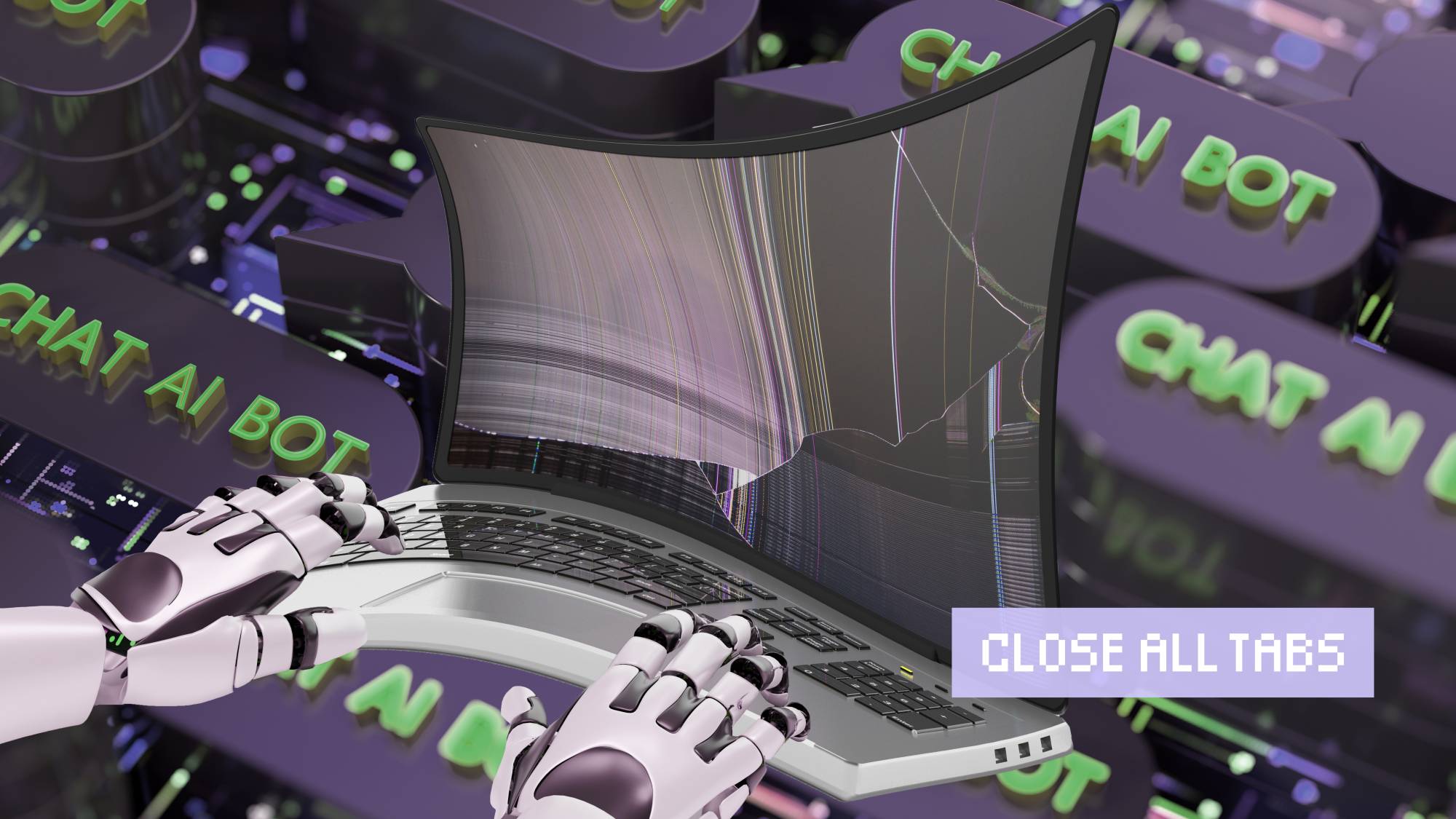 White, purple, and black robot hands hover over a laptop. The laptop is warped and appears distorted. The laptop screen shows that the laptop has crashed. These components are layered over a purple and green background featuring keys labeled “CHAT AI BOT.”