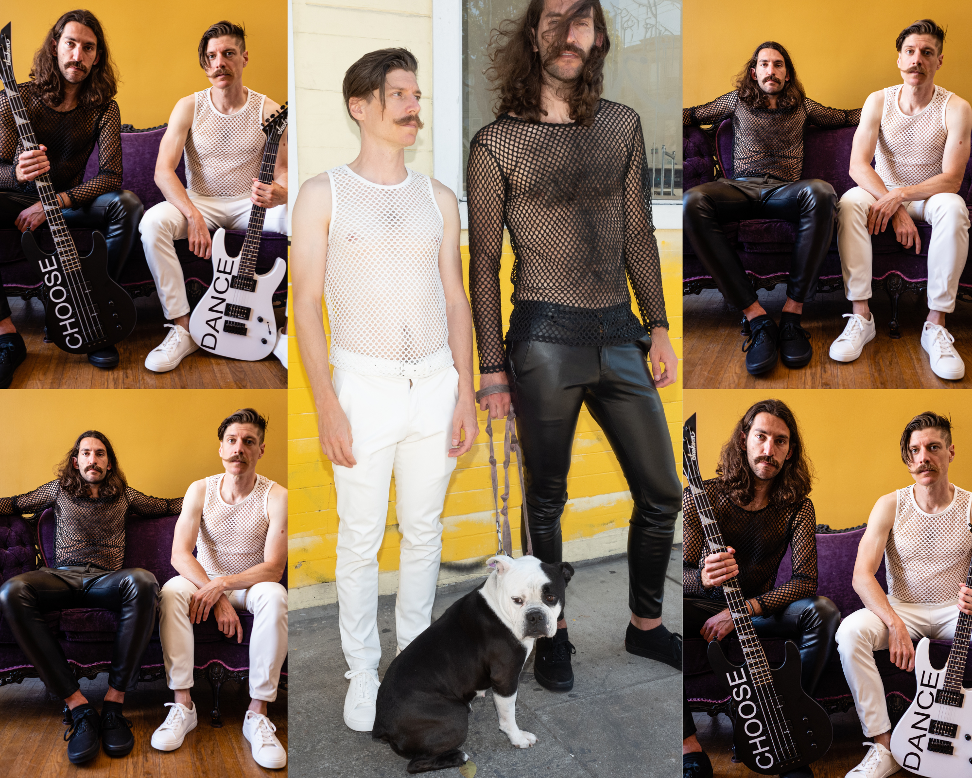 A collage of five images. The image in the middle features two people dressed in white (Left) and black (Right) clothing while holding a leash for a dog. The images on the top left and bottom right show the same people sitting on a couch and holding guitars.