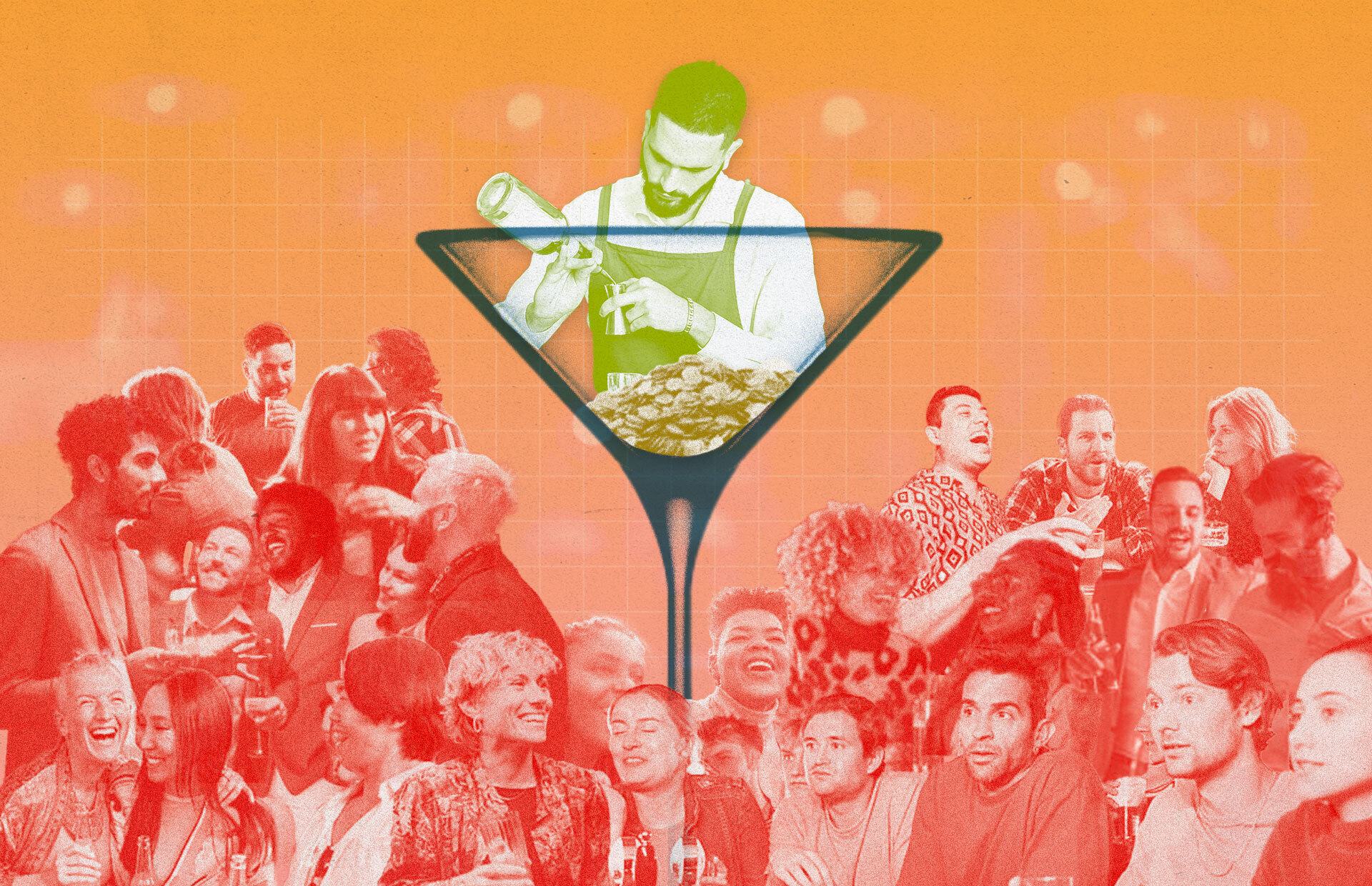 An illustration of a bartender mixing a drink inside a martini glass. Below the glass are lots of different people enjoying each other's company.