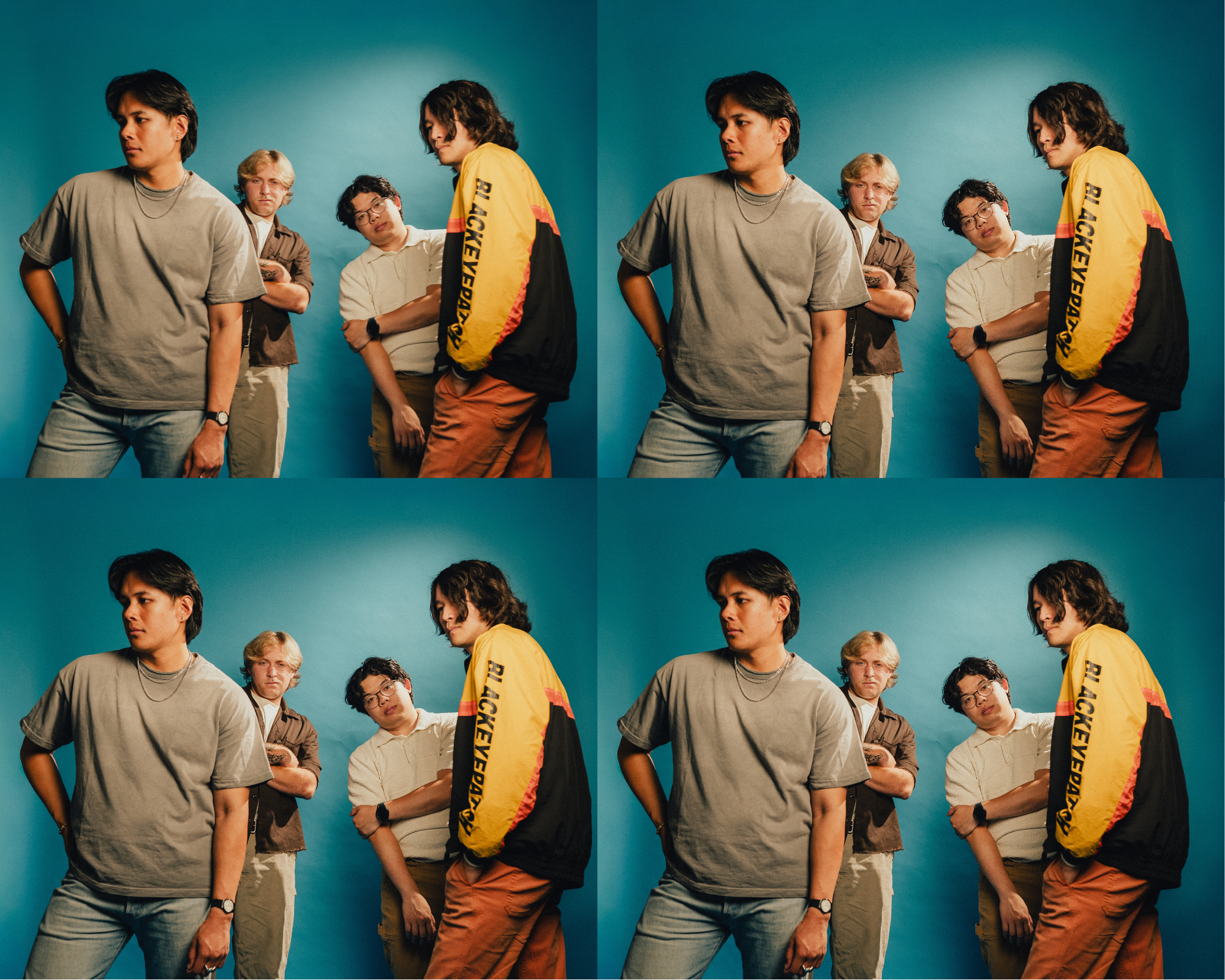 A collage of four images showing four people standing near each other striking different poses.