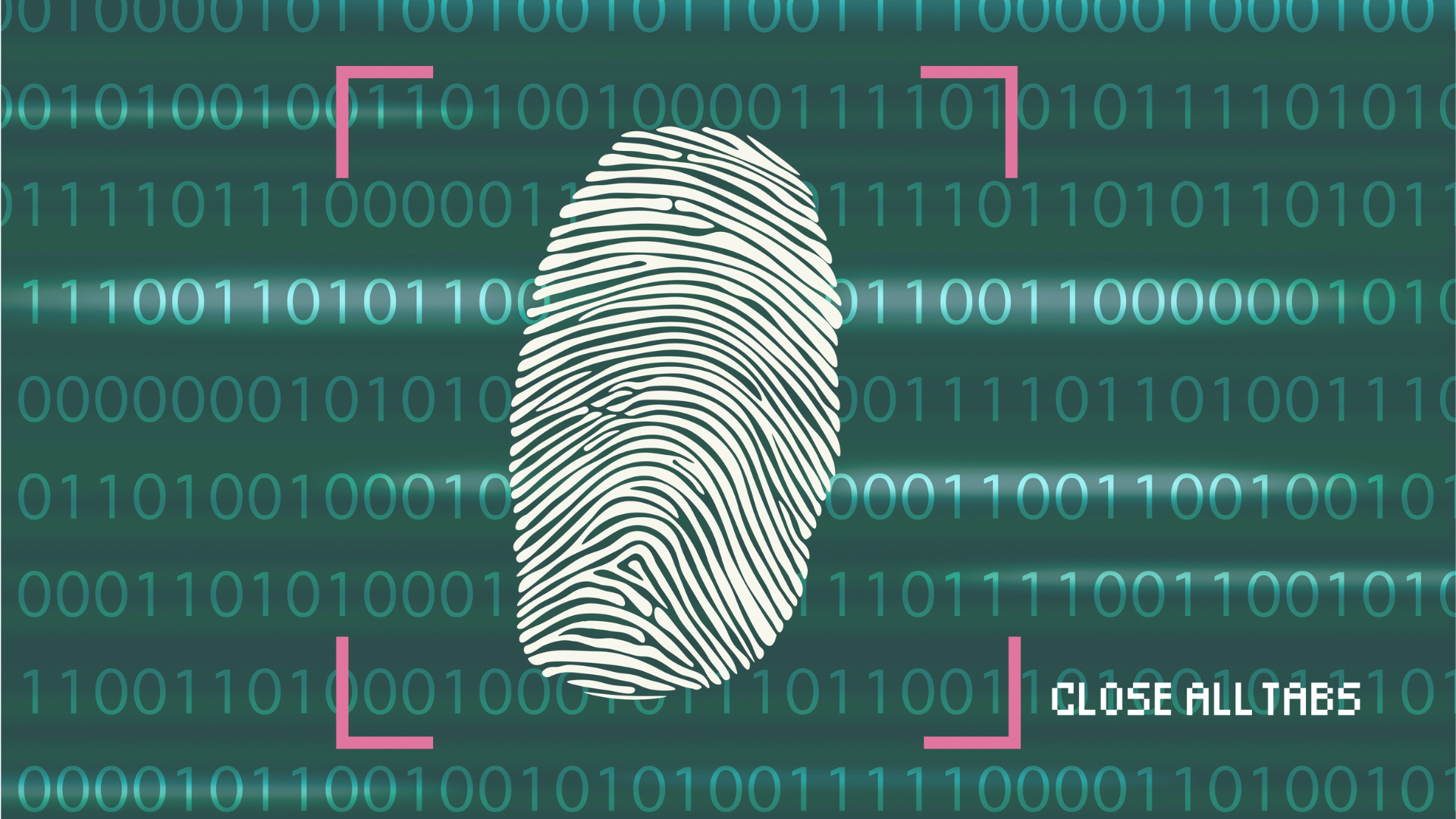 A stylized image showing a digital finger print outlined by a pink square, layered on a green background filled with binary numbers.