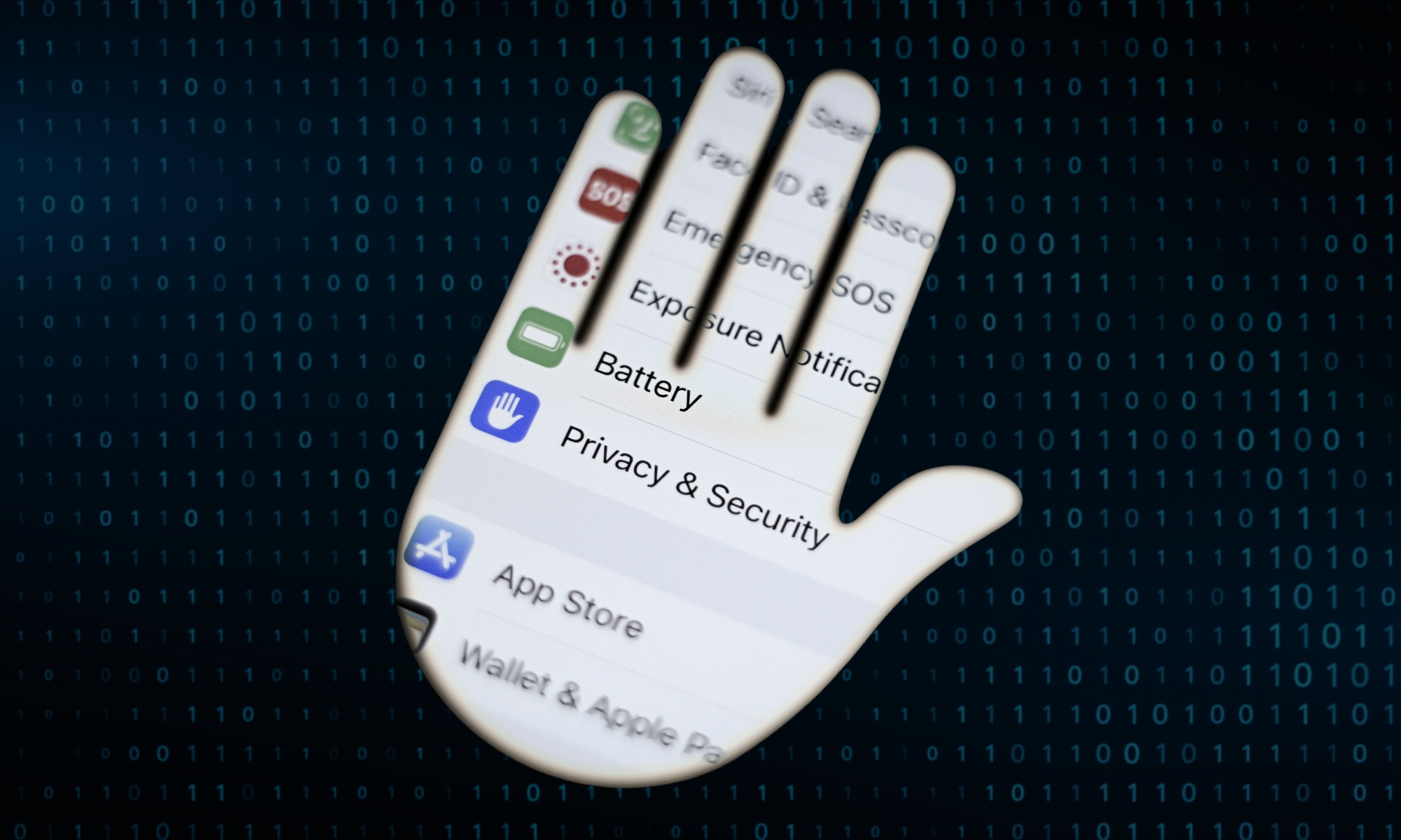 A stylized image showing digital privacy security settings cut out in the shape of a hand, set against a dark background filled with binary numbers.