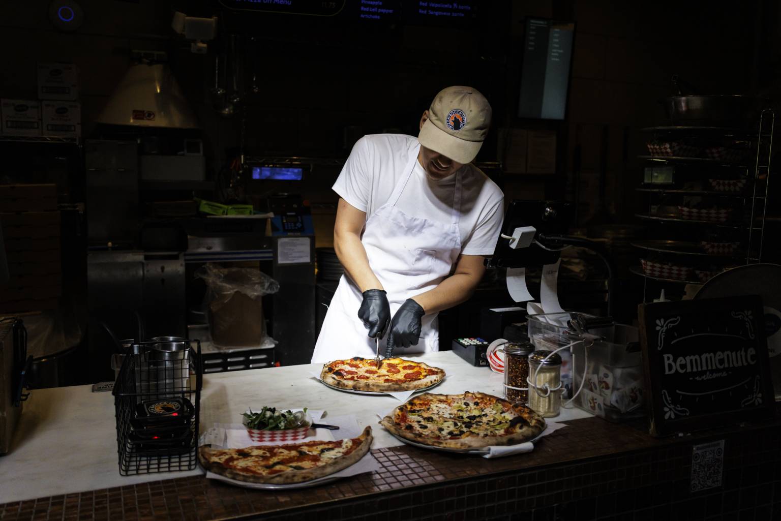 Jaxon Moreno prepares pizzas at Pizza Bocca Lupo in San Pedro Square Market in San José on Feb. 6, 2026.