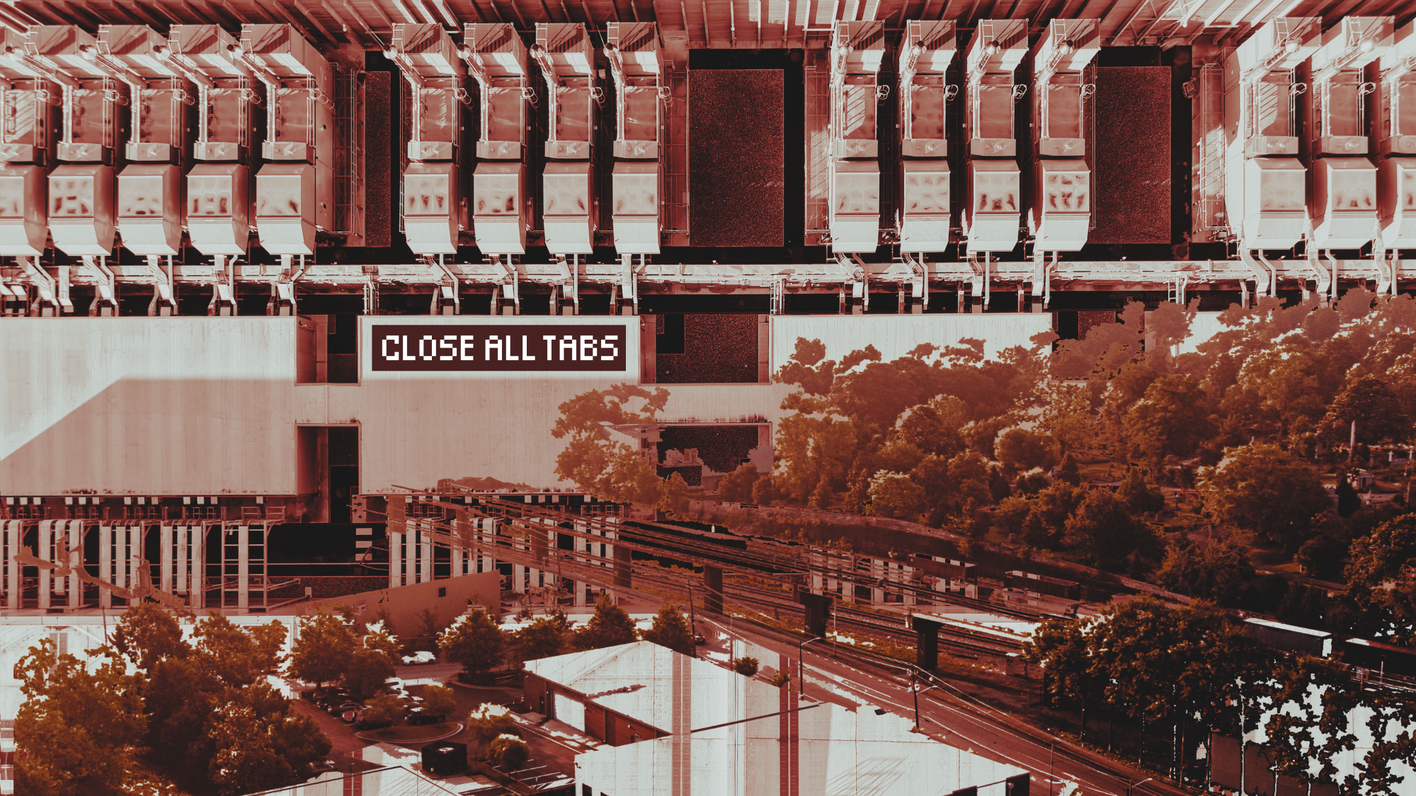 An aerial view shows high voltage power lines running through a sub-station along the electrical power grid. Green trees and the Miami skyline appear in the background. The words “CLOSE ALL TABS” appear in pixelated text in the lower right with a black background.