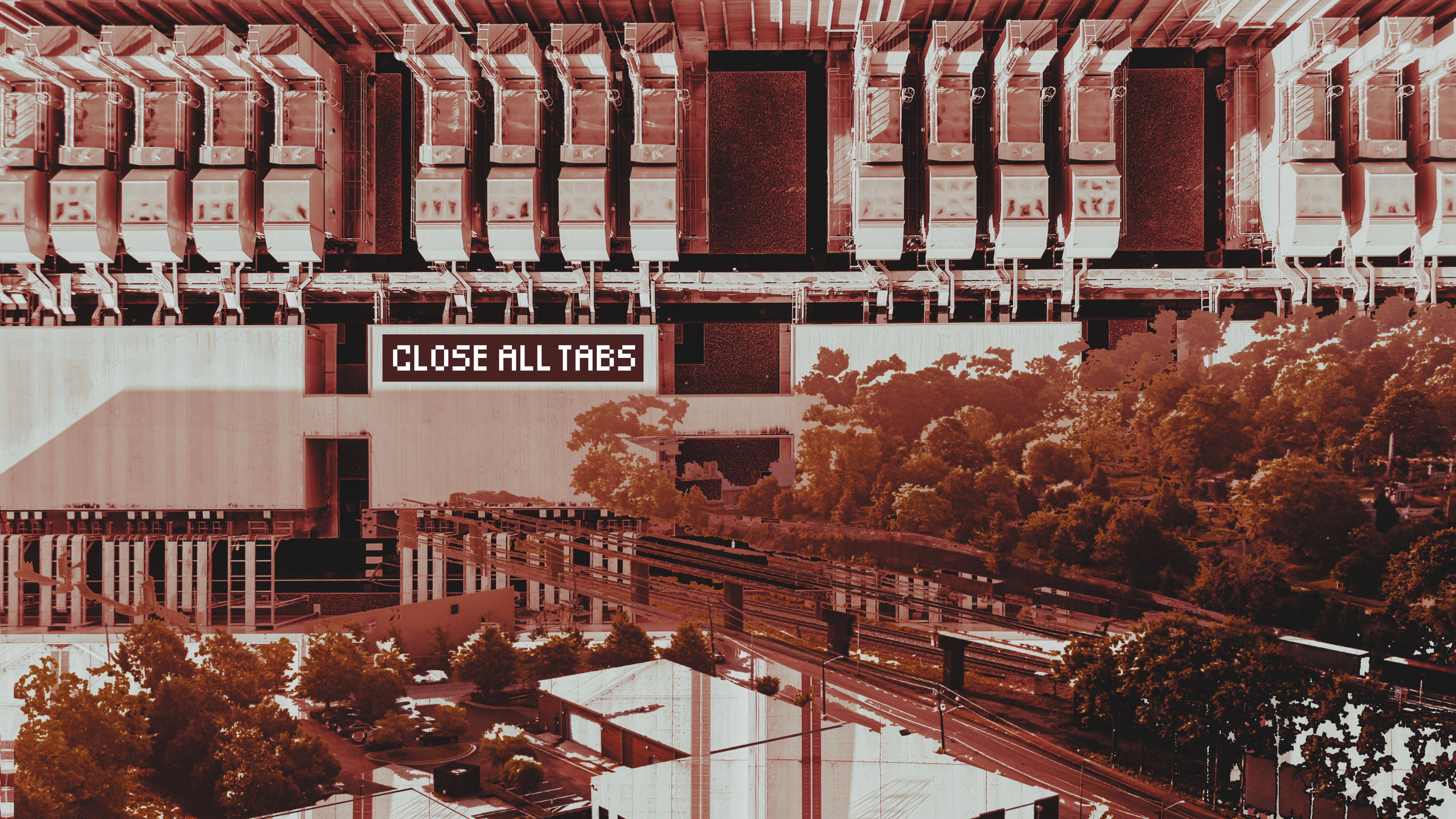 An aerial view shows high voltage power lines running through a sub-station along the electrical power grid. Green trees and the Miami skyline appear in the background. The words “CLOSE ALL TABS” appear in pixelated text in the lower right with a black background.