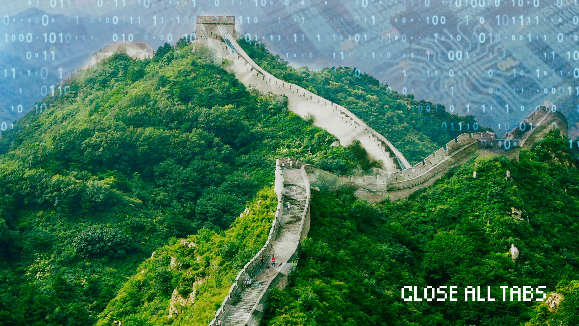 The Great Wall of China winds through lush green mountains with distant peaks in the background. The background features a transparent overlay of patterns made from semiconductors and binary code.