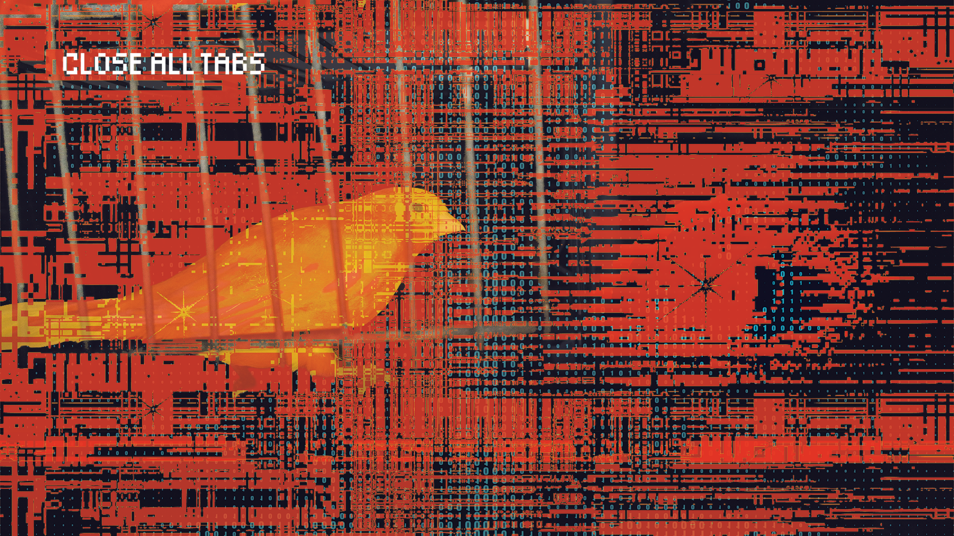 A yellow canary with heavy digital distortion sits against a dark background, overlaid with glitching lines, fragments of code and scanning graphics. A translucent android face and large robotic eye appear on the right side. The Close All Tabs logo is in the top right corner.