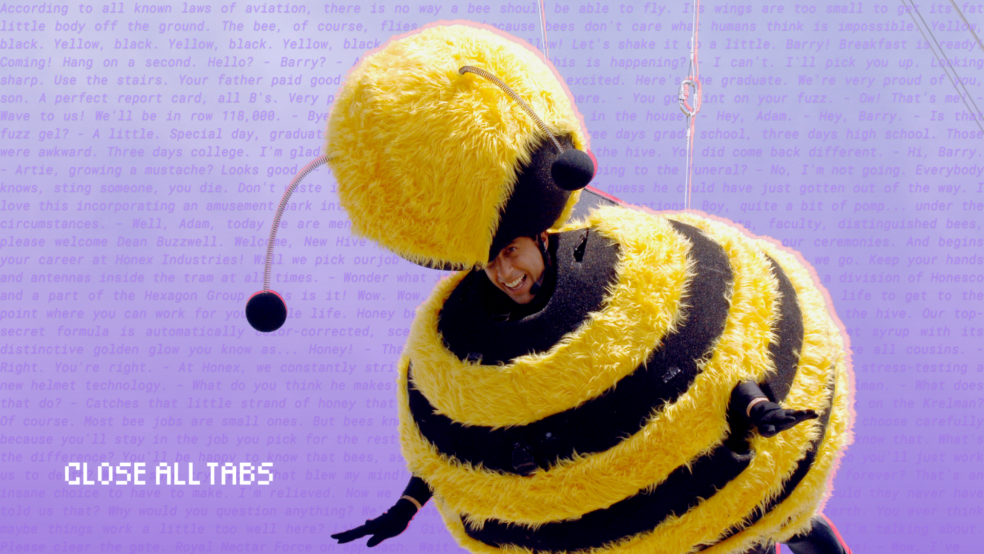 A composite image shows Jerry Seinfeld smiling in a large yellow-and-black bee costume at a 2007 Cannes Film Festival photocall. Behind him is a purple background filled with faint text from the Bee Movie script, referencing the film’s later life as an internet meme. The Close All Tabs logo appears in the bottom left.
