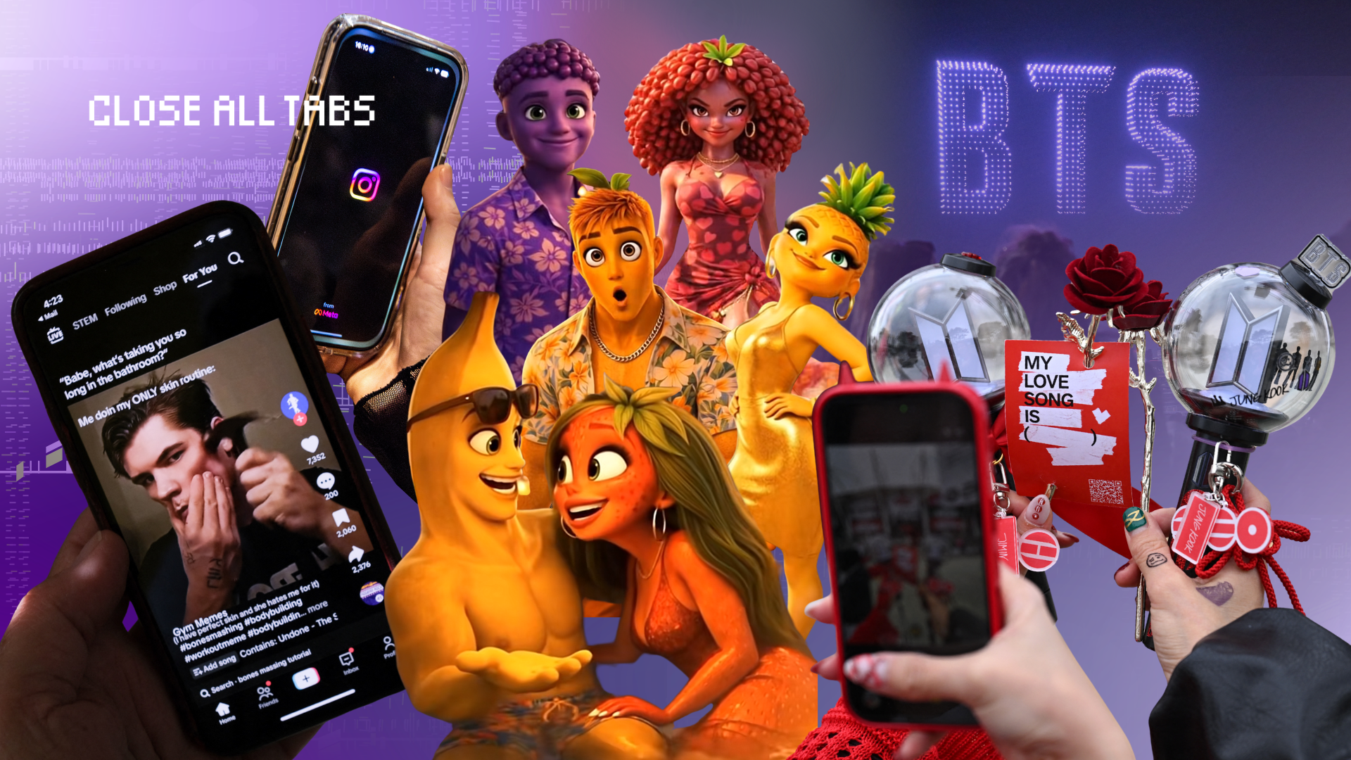 Collage-style image showing recent internet trends: colorful AI-generated fruit characters, an image of a smartphone displaying “looksmaxxing” content, imagery associated with K-pop group BTS, and a hand holding a smartphone referencing social media addiction lawsuits. The images are arranged on a purple background, with “Close All Tabs” displayed in a pixelated font in the upper left corner.