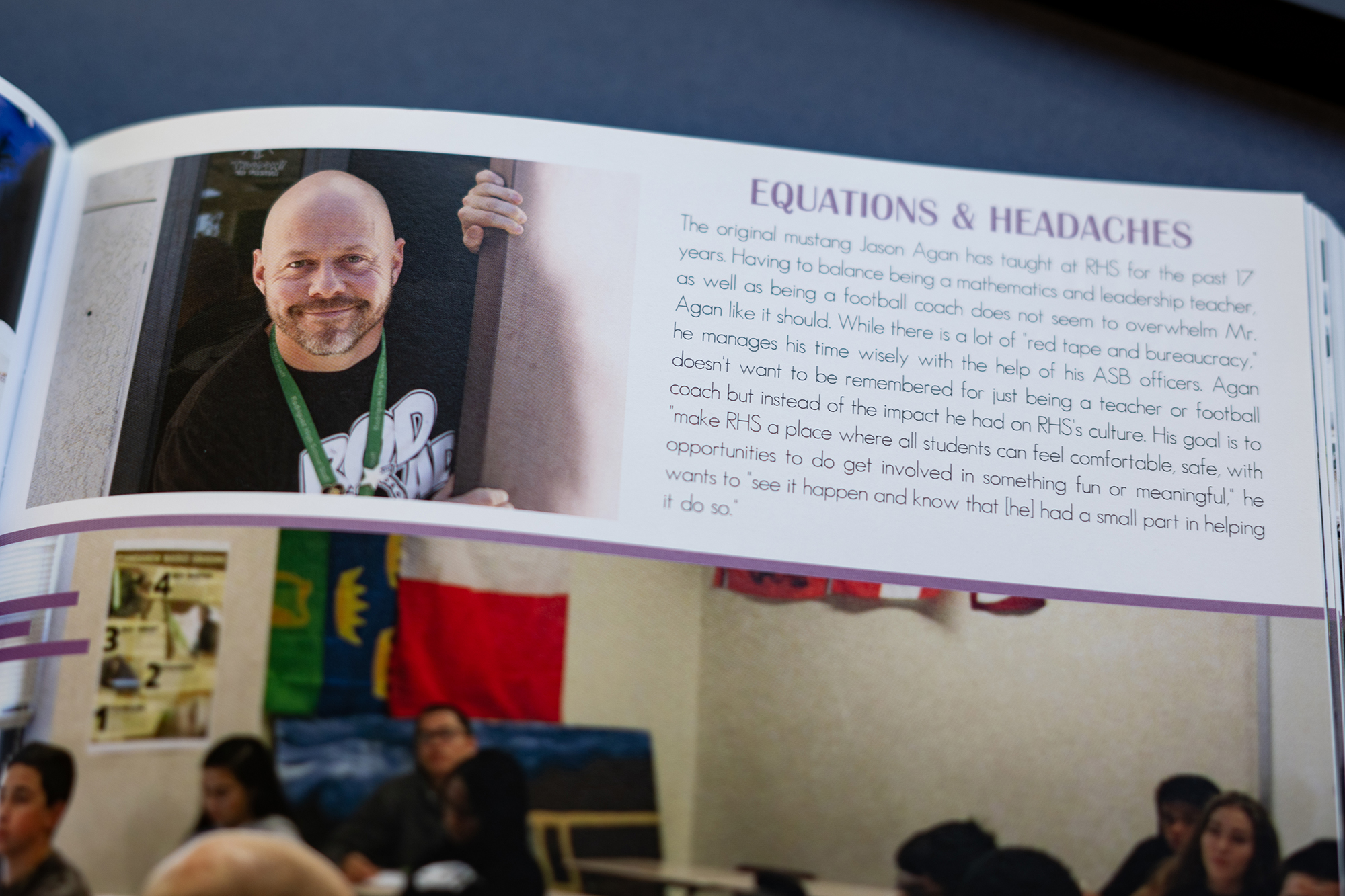 A page in a yearbook that includes a photo of a man looking through a doorway and a feature on Jason Agan under the title, &ldquo;Equations & Headaches.&rdquo;
