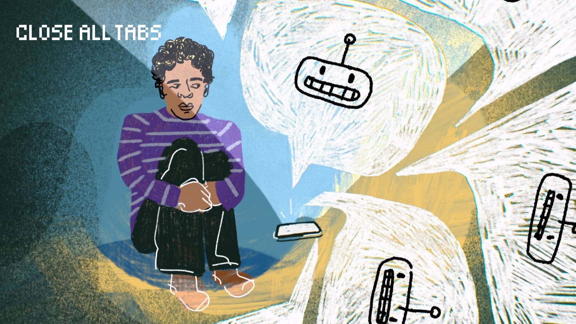 Illustration of a dark-skinned person sitting on the ground with a concerned expression, arms wrapped around their knees. A smartphone lies beside them, emitting ghost-like, chaotic speech bubbles that contain sketches of robot faces. The background features swirling brushstrokes in shades of blue, yellow, and green. In the bottom left corner, the words "CLOSE ALL TABS" appear in blocky, pixel-style font.