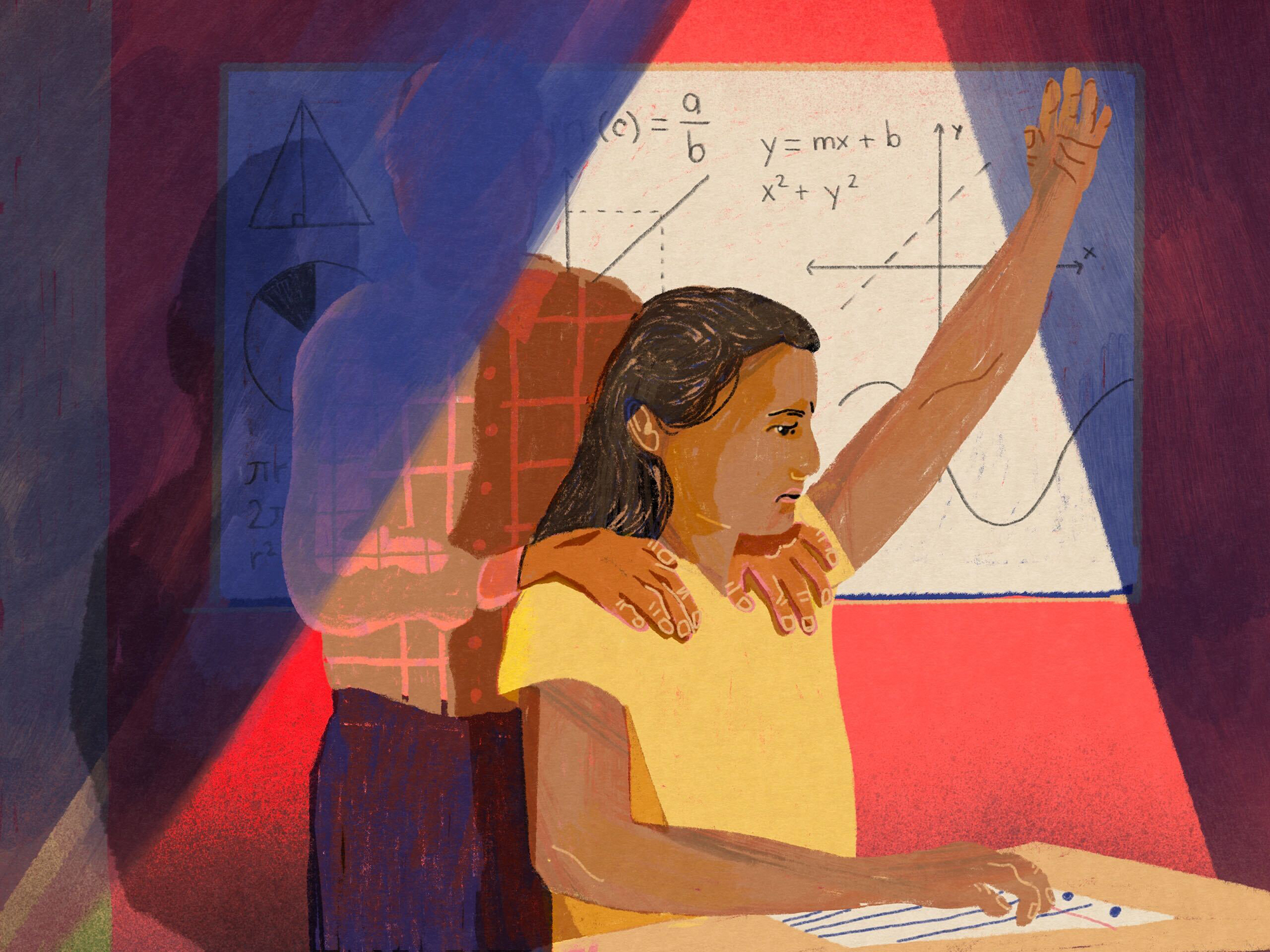 An illustration of a girl sitting at a desk raising her hand, while behind her, a man partially in the shadows puts his hands on her shoulders. In the background, there is a chalkboard with equations written on it.