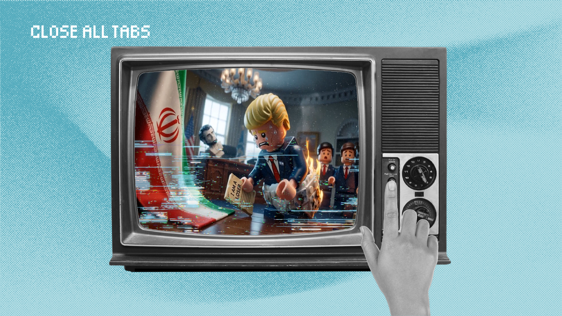 An AI-generated image shows President Trump as a LEGO figure holding a book titled, “I Am A Loser” next to an Iranian flag. The image is displayed on a vintage TV set, and a hand is pressing the on switch. The AI-generated image on the screen is in color while the TV and hand are in black and white. The text "Close All Tabs" appears in the top left corner in a pixelated font.