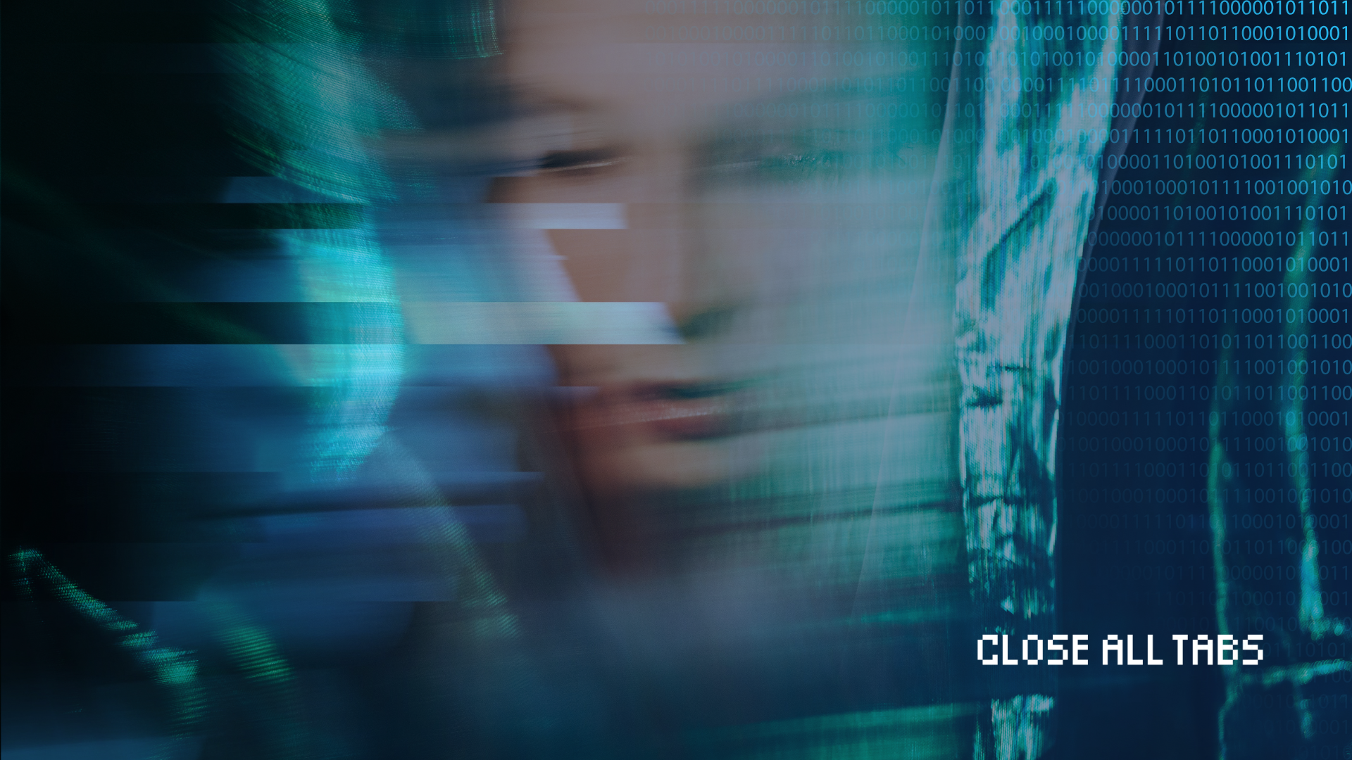 A blurred, glitchy portrait of a woman's face overlaid with streams of binary code in teal and blue tones, evoking the intersection of identity and digital technology. The text "Close All Tabs" appears in the bottom right corner in a pixelated font.