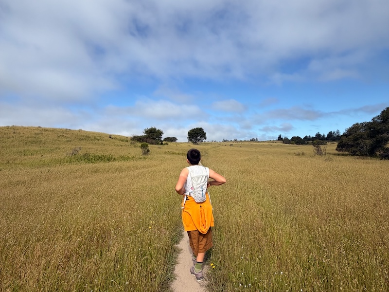 A person hikes along a narrow dirt path through a wide golden grass field, with rolling hills, scattered trees, and a partly cloudy sky in the distance.