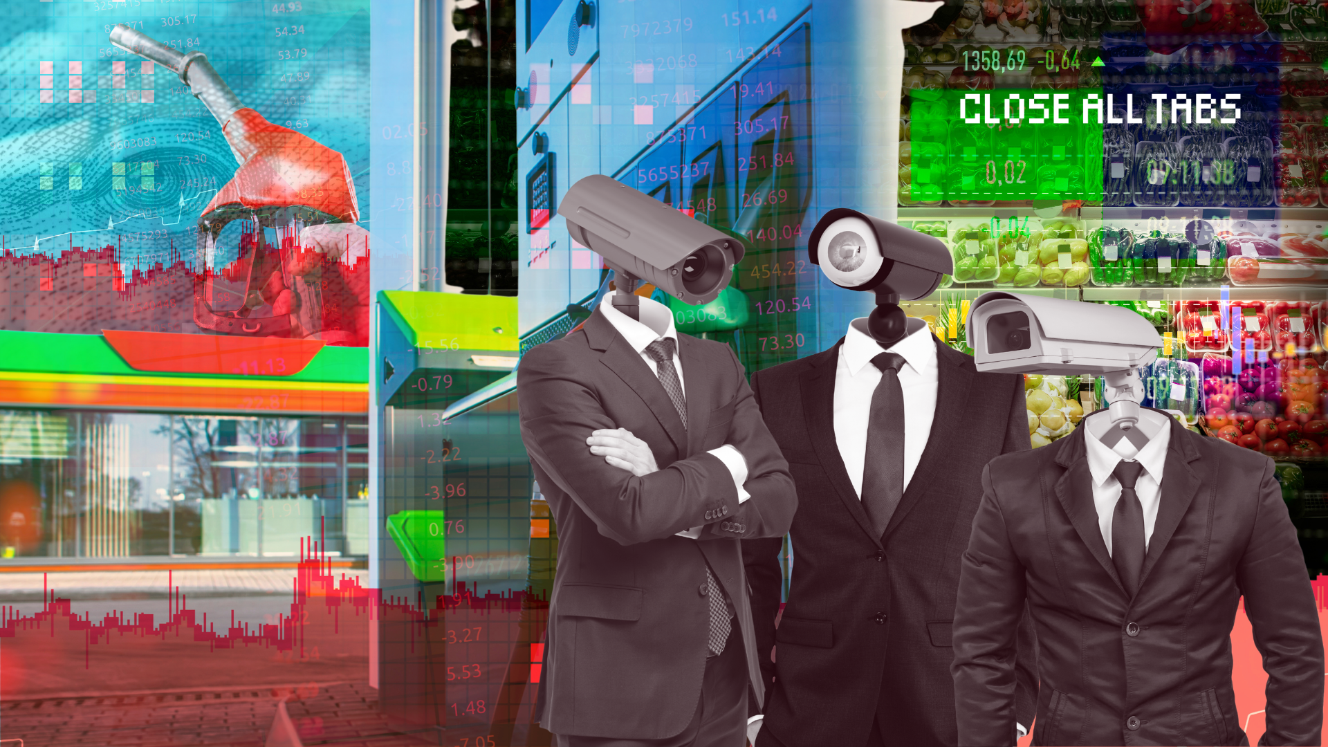 A collage of images including three figures in suits with surveillance cameras for heads, overlaid on a double exposure image of a red fuel pump nozzle, a gas station, grocery store fruit and a dollar bill. The text "Close All Tabs" appears in the upper right corner.