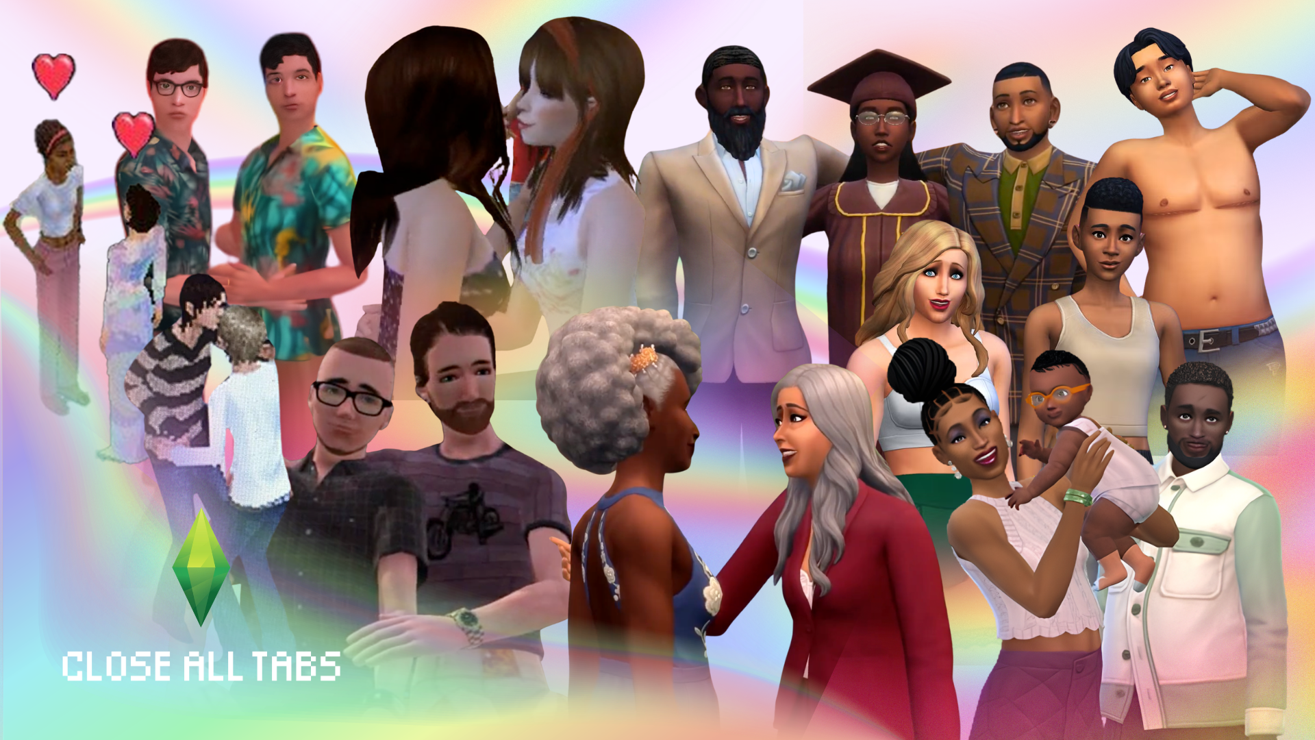 A composite image of The Sims avatars on top of a rainbow background. The text "Close All Tabs" in white text appears in the lower left corner with The Sims green “plumbob” on top of the text.