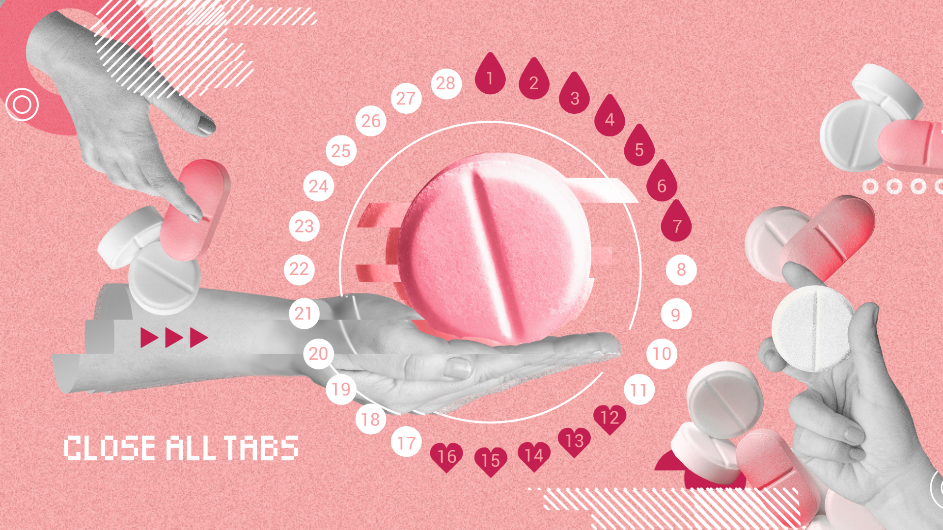 A stretched out gray hand holds a pink birth control pill. Another hand on the top left corner holds pink and white pills, while another hand in the lower right corner holds a white pill. Pink and white pills float in the background along with squiggly shapes. A ring of numbered dots representing a 28 day menstrual calendar sits in the center of the image. The text "Close All Tabs" appears in white text in the lower left corner.