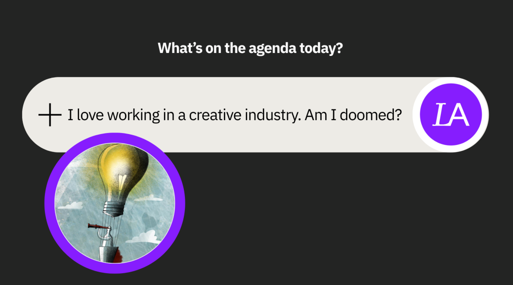 Text box asking whether creative workers are really doomed, with illustration of a hot air balloon by artist Yevgenia Nayberg.