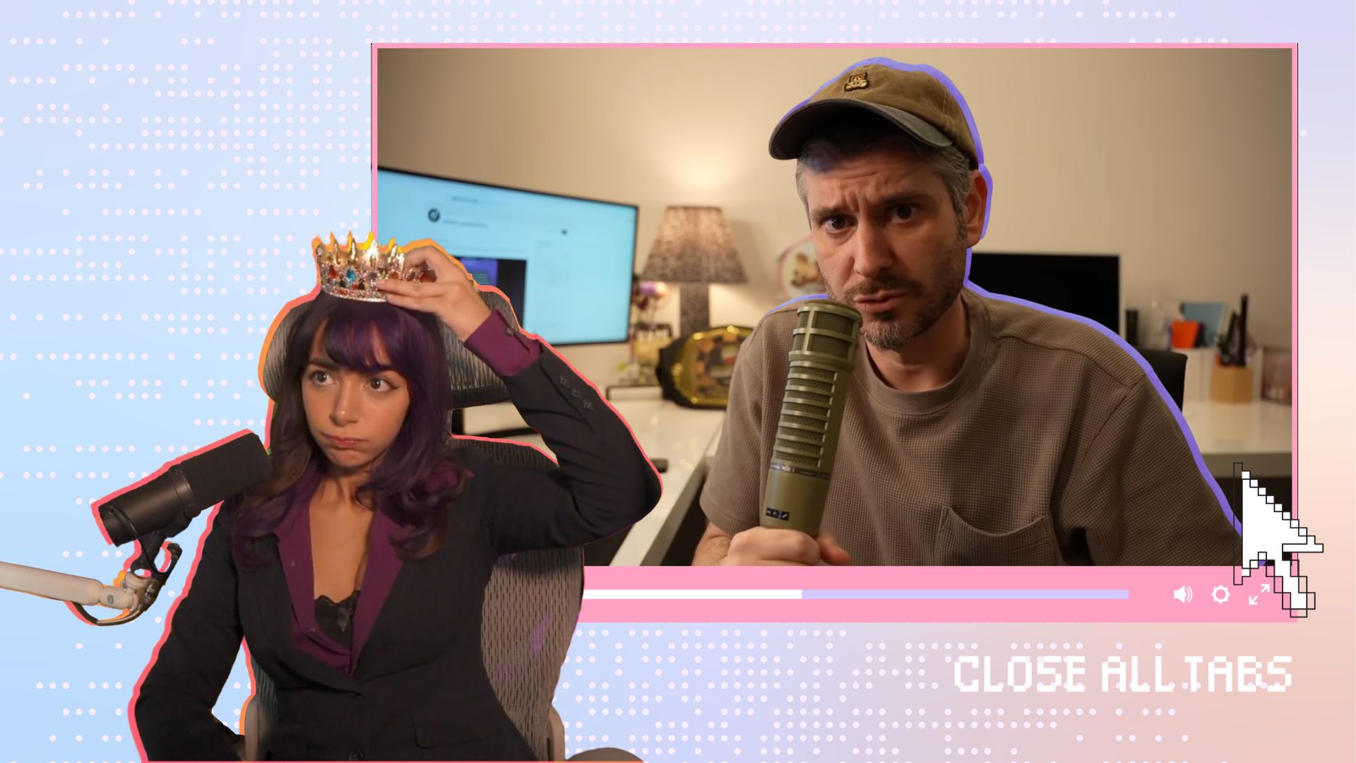 In the lower left corner, political Twitch streamer Denims is wearing a black and purple suit and gold plastic crown next to a mic. She overlaps a screenshot of content creator Ethan Klein’s YouTube video, where he is speaking into a mic while in a bedroom. Below the screenshot is a pink video progress bar, along with a glitchy white cursor to its lower right. The background of the image is a blue and orange gradient with small pink dots interspersed throughout. The text "Close All Tabs" appears in white text in the lower right corner.