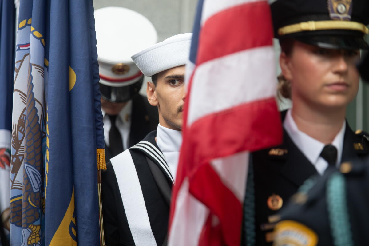 An honor guard at the Sept. 11, 2001 anniversary ceremony at Arlington Fire Station 5 in Arlington, Va. on Friday, Sept. 11, 2026.