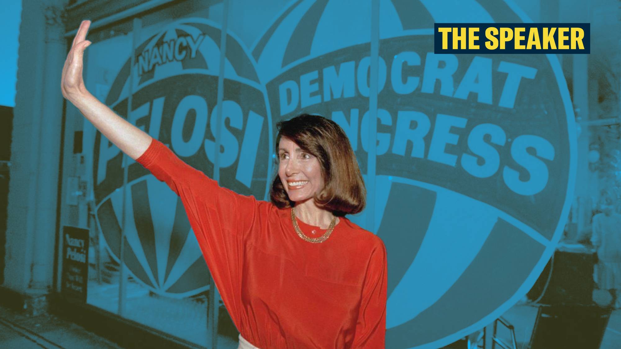 A smiling young Nancy Pelosi wears a red shirt and gestures with her arm out to the side in front of a large poster for her congressional campaign.