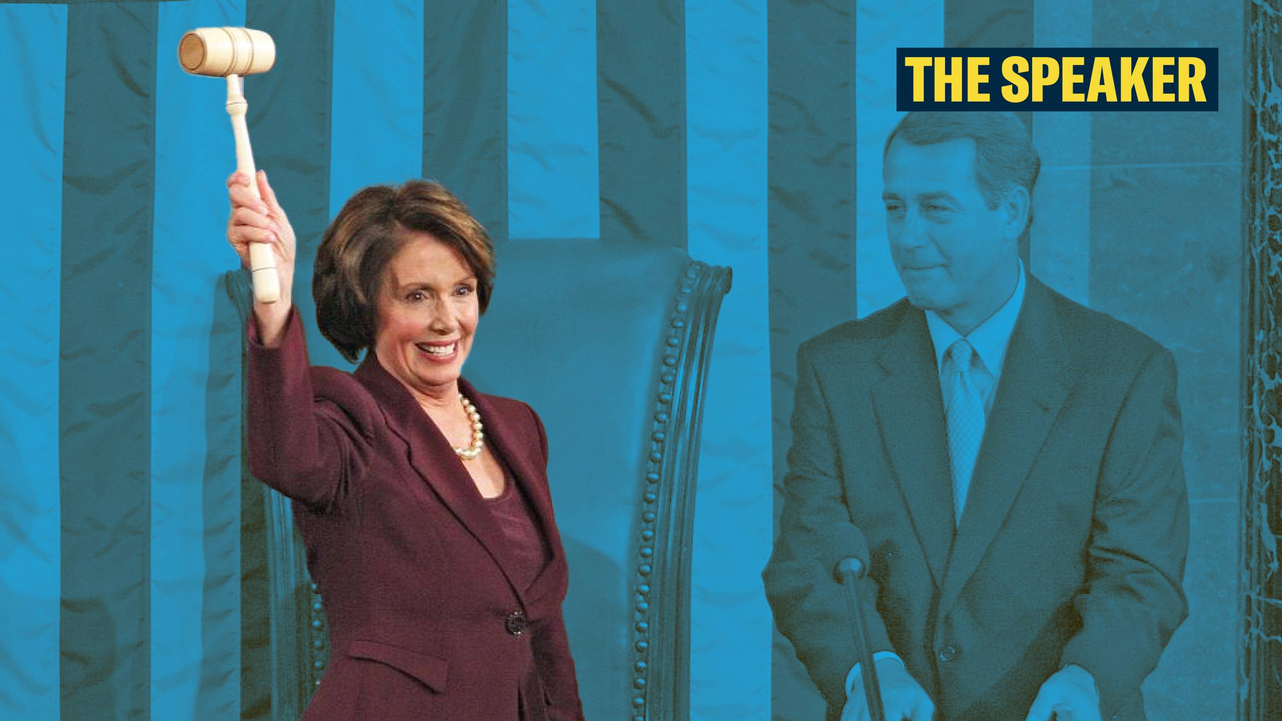 Nancy Pelosi stands wearing a purple suit holding a gavel in her right hand, arm outstretched. Former Speaker John Boehner stands next to her clapping and looking at her.