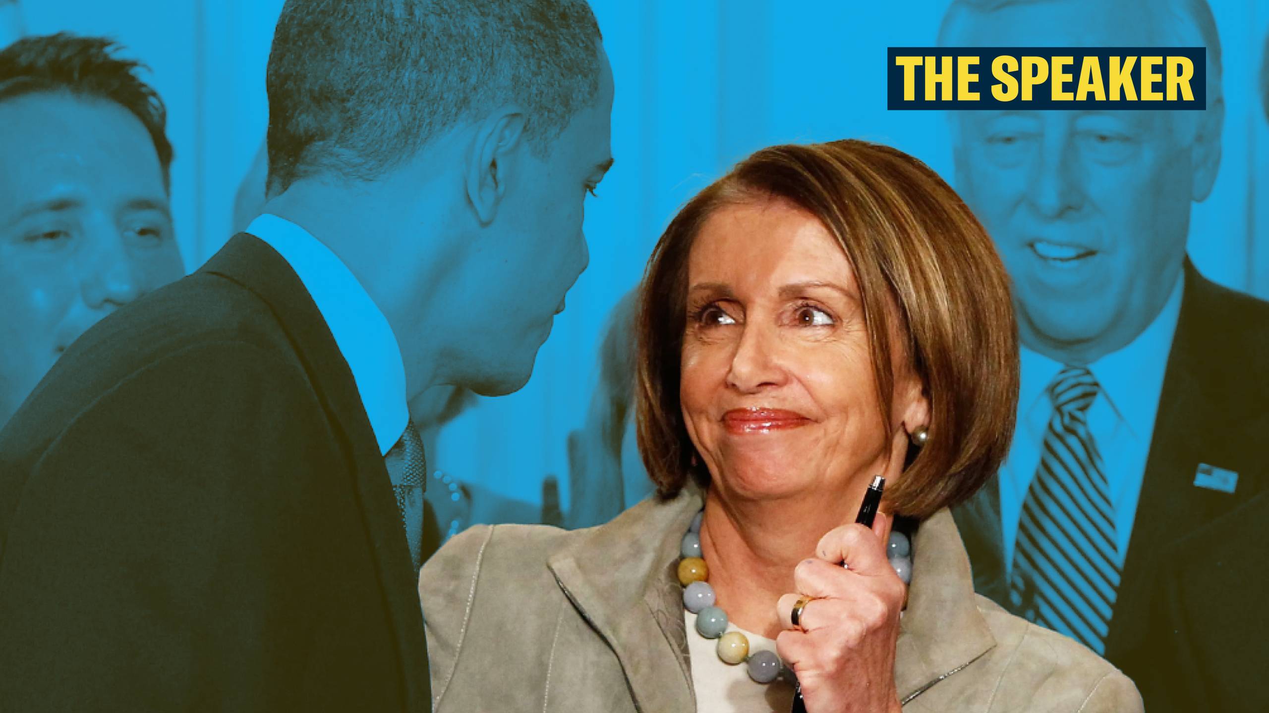 A close up of Nancy Pelosi in a beige suede jacket, smiling at President Barack Obama while holding a black pen