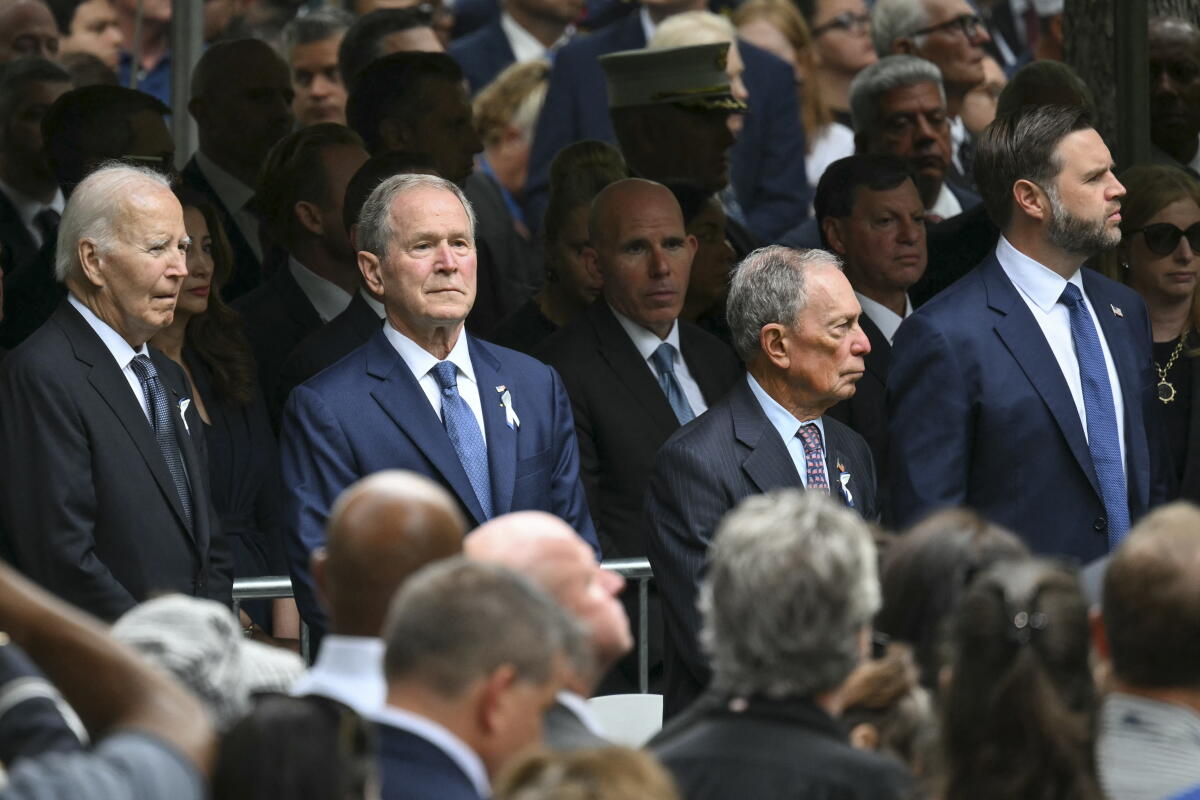 Former U.S. President Biden, former U.S. President George W. Bush, former New York City Mayor Michael Bloomberg, and Vice President Vance attend the 25th anniversary commemoration of the September 11, 2001 attacks at the National September 11 Memorial in New York on September 11, 2026.