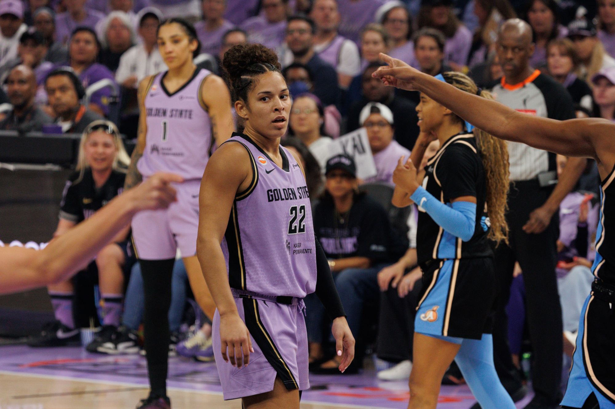 Golden State Valkyries guard Veronica Burton (22) reacts to a call as the Golden State Valkyries play the Atlanta Dream in game 5 of the WNBA Finals at Chase Center in San Francisco on Oct. 26, 2026