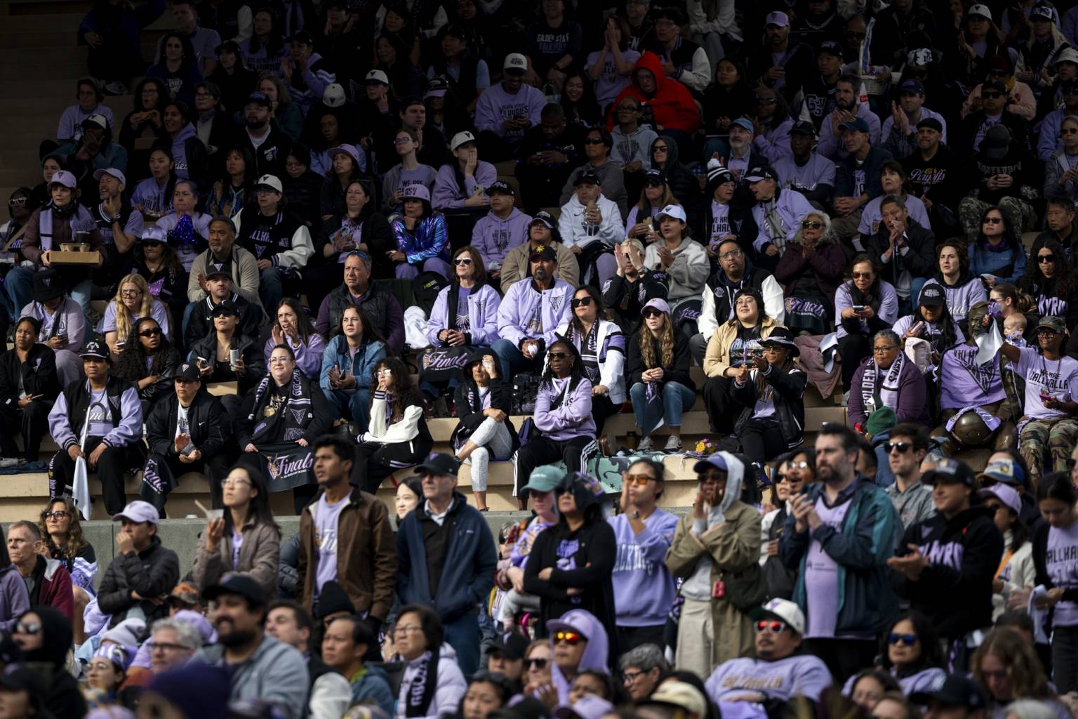 Fans watch the Golden State Valkyries play the Atlanta Dream during Game 6 of the WNBA Finals at Chase Center’s Thrive City in San Francisco on Oct. 29, 2026. (Beth LaBerge/KQED)