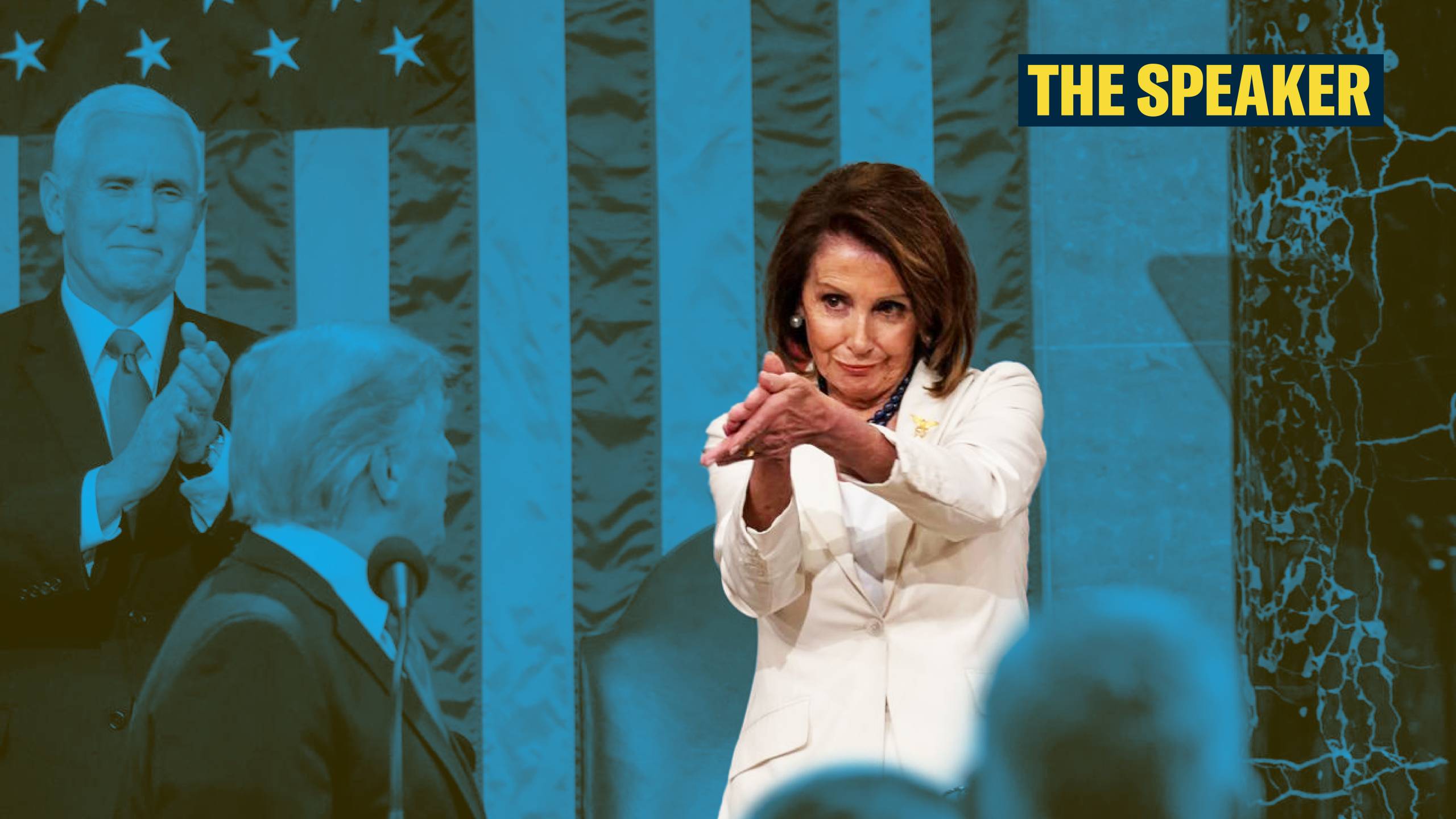 Speaker Pelosi stands behind President Trump and in front of an American Flag during his State of the Union address, wearing a white suit. Her arms are outstretched and clapping at him.