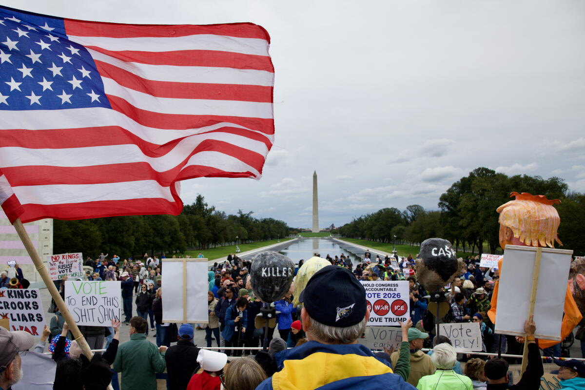 Demonstrators take part in a 'No Kings: Vote Early' rally near the Lincoln Memorial in Washington D.C., on Oct. 17, 2026. The national day of action is taking place in cities across the country focusing on voter turnout, early voting and election protection, ahead of the midterm elections.