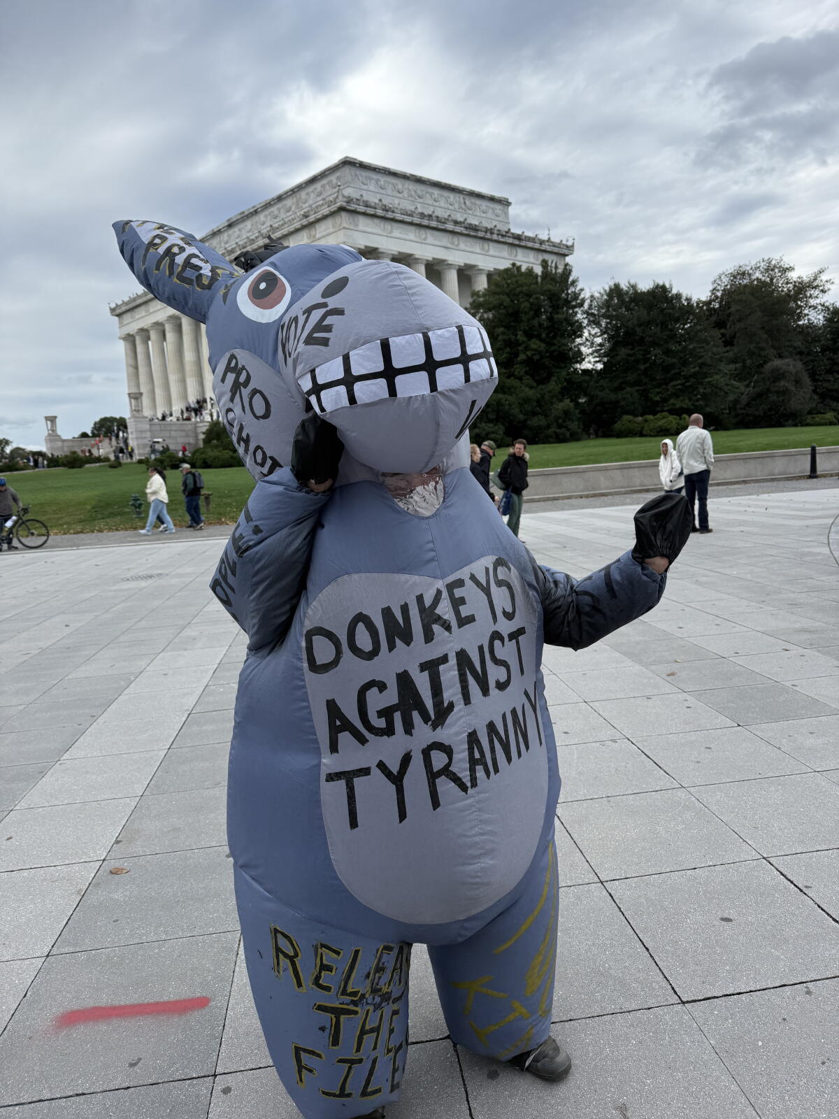 Athena Haresign wears an inflatable donkey costume at the No Kings rally in Washington, D.C.
