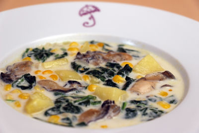 Oyster Chowder with Potatoes, Spinach, and Corn