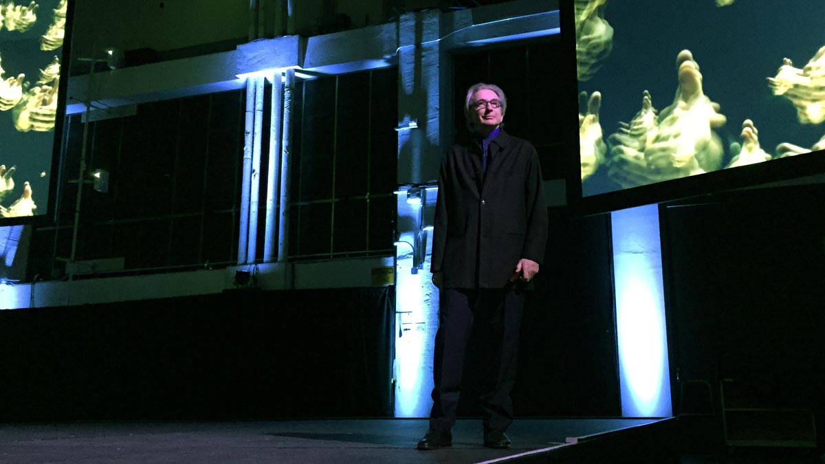 Michael Tilson Thomas surveys the crowd before introducing the premiere of SoundBox in 2014.
