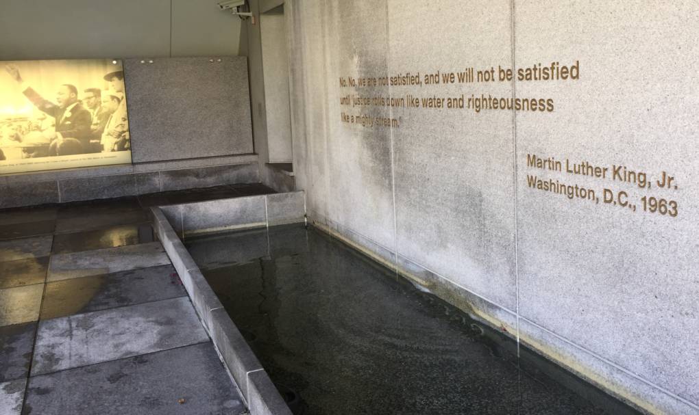 Behind the waterfall at the San Franciscos Martin Luther King Memorial designed by Houston Conwill