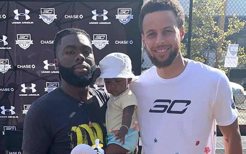 Nimsins (with daughter) meets Steph Curry at Concordia Park in East Oakland after the Warriors star helped unveil a new basketball court at the park.