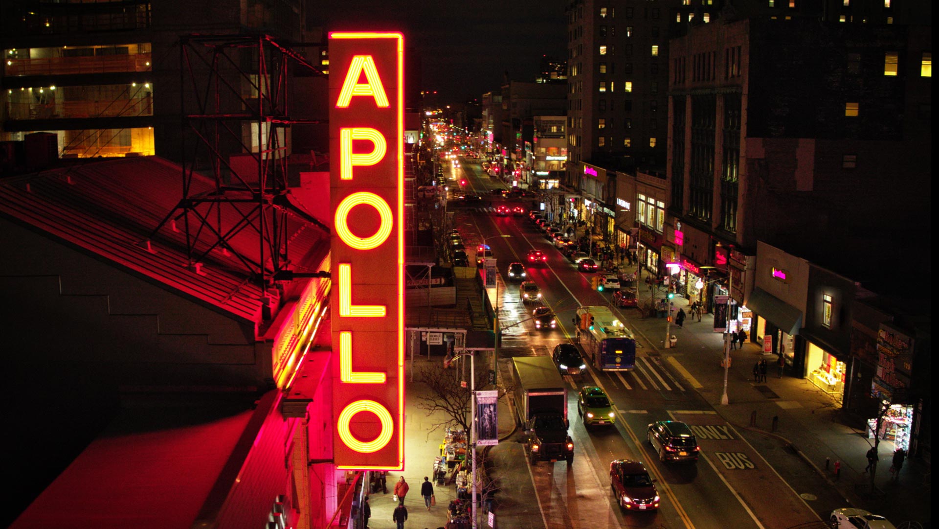 The Apollo Theater marquee, pictured in 'The Apollo,' Roger Ross Williams’ made-for-HBO study of the Harlem landmark of African American culture.