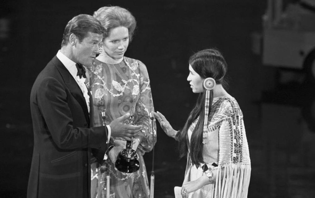 Sacheen Littlefeather turns down an Academy Award on behalf of Marlon Brando, 1973.