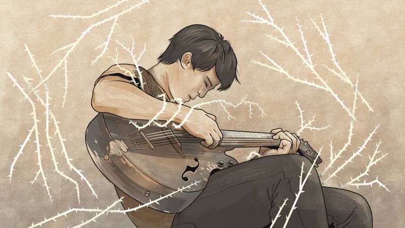 A sepia-toned illustration of a man playing guitar, hunched over and restricted by imaginary vines.