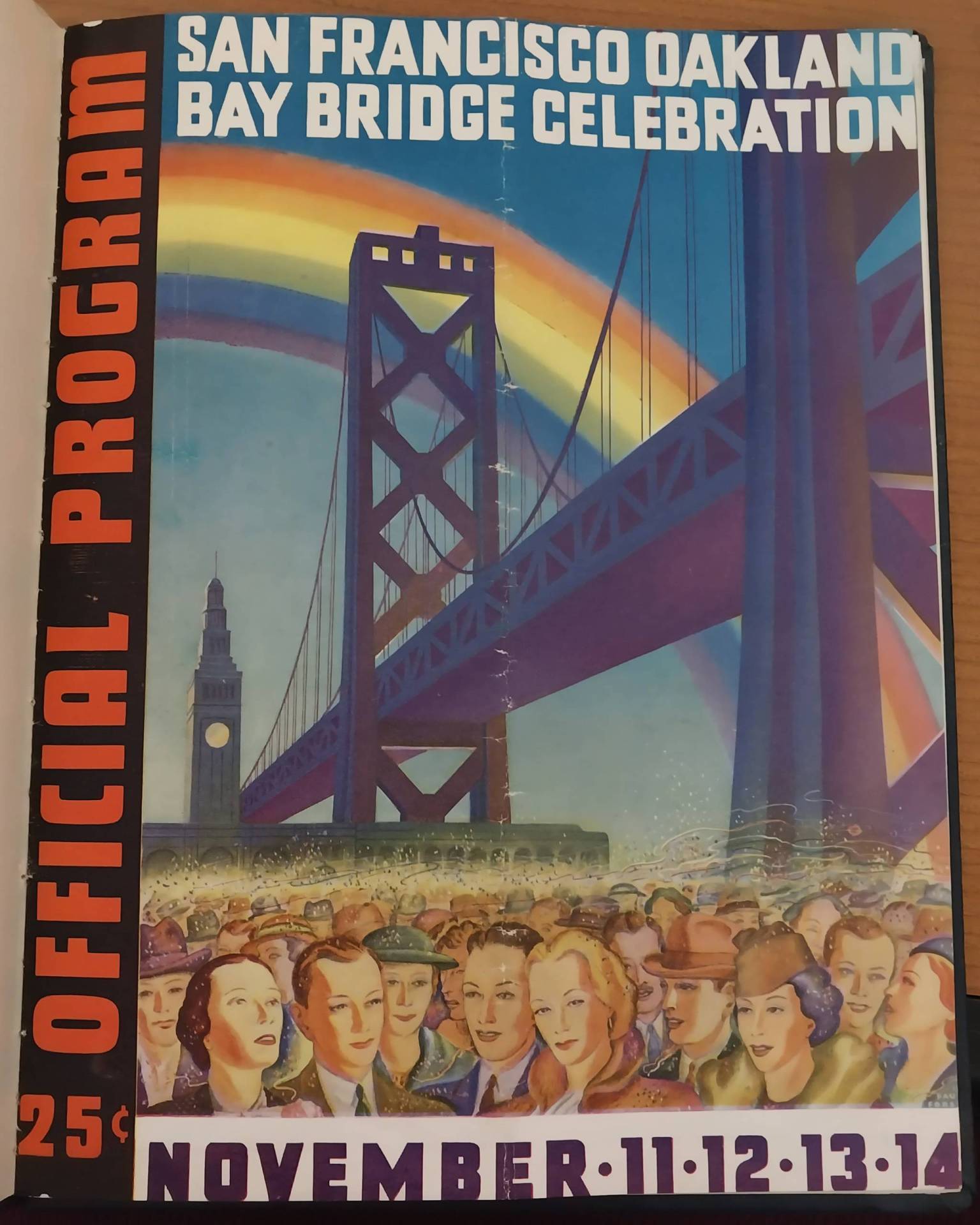 1930s-style artwork depicting crowds gathered in front of the Bay Bridge with a rainbow curved across the sky.