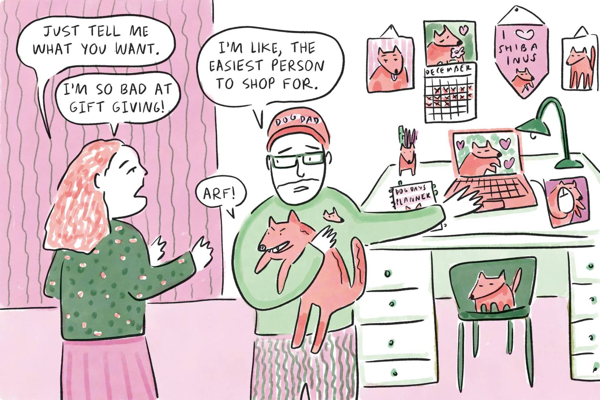 An illustration of a man holding a dog, surrounded by dog posters, with a woman asking him what kind of gift he would like.