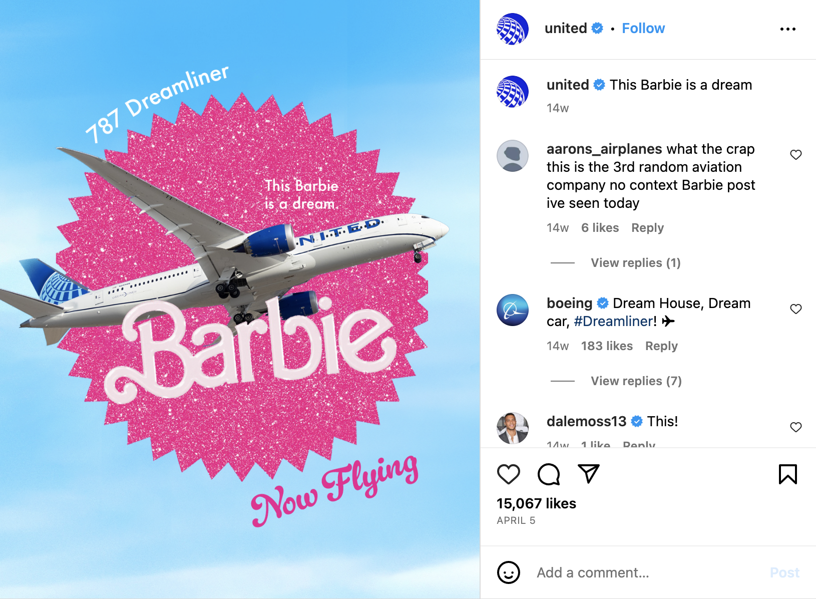 A blue sky background with a large Barbie logo in the center and a United airplane. Text around it reads: "This Barbie is a dream. Now flying."