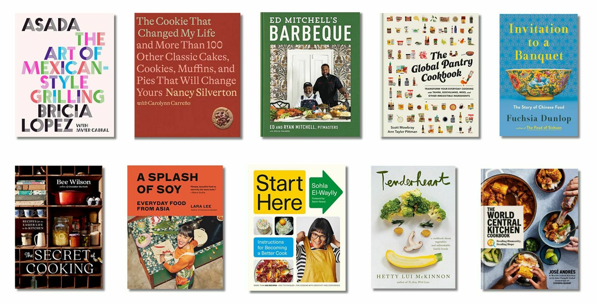 10 cookbooks lined up in two rows.