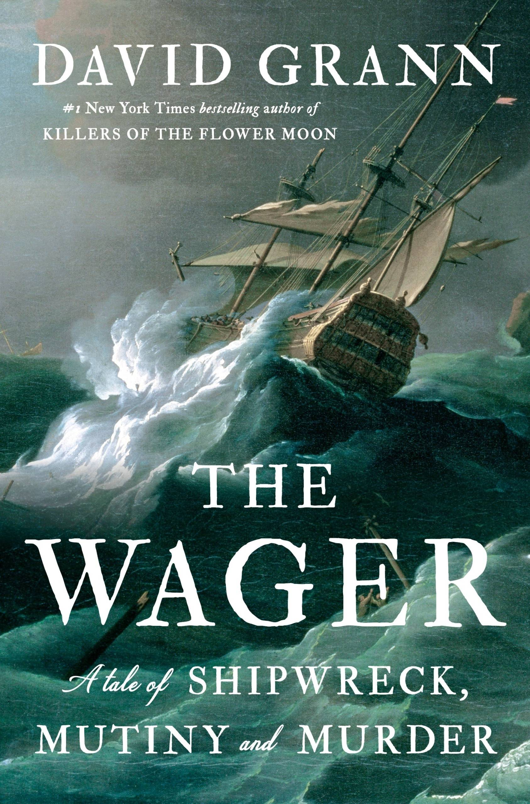 A book cover featyring an illustration of a clipper ship tilted on its side during a storm.