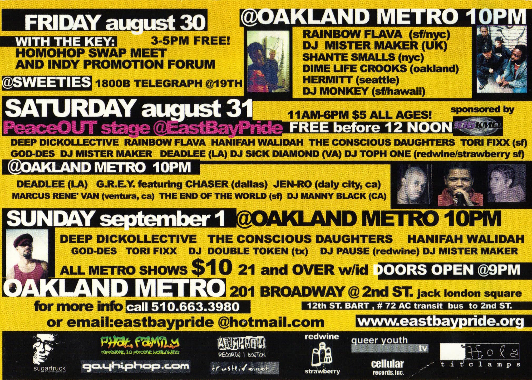 A yellow and black text flyer advertises three days of shows from Aug. 30-Sept. 1, 2002, with acts such as Deadlee, Deep Dickollective, the Conscious Daughters and Rainbow Flava. 