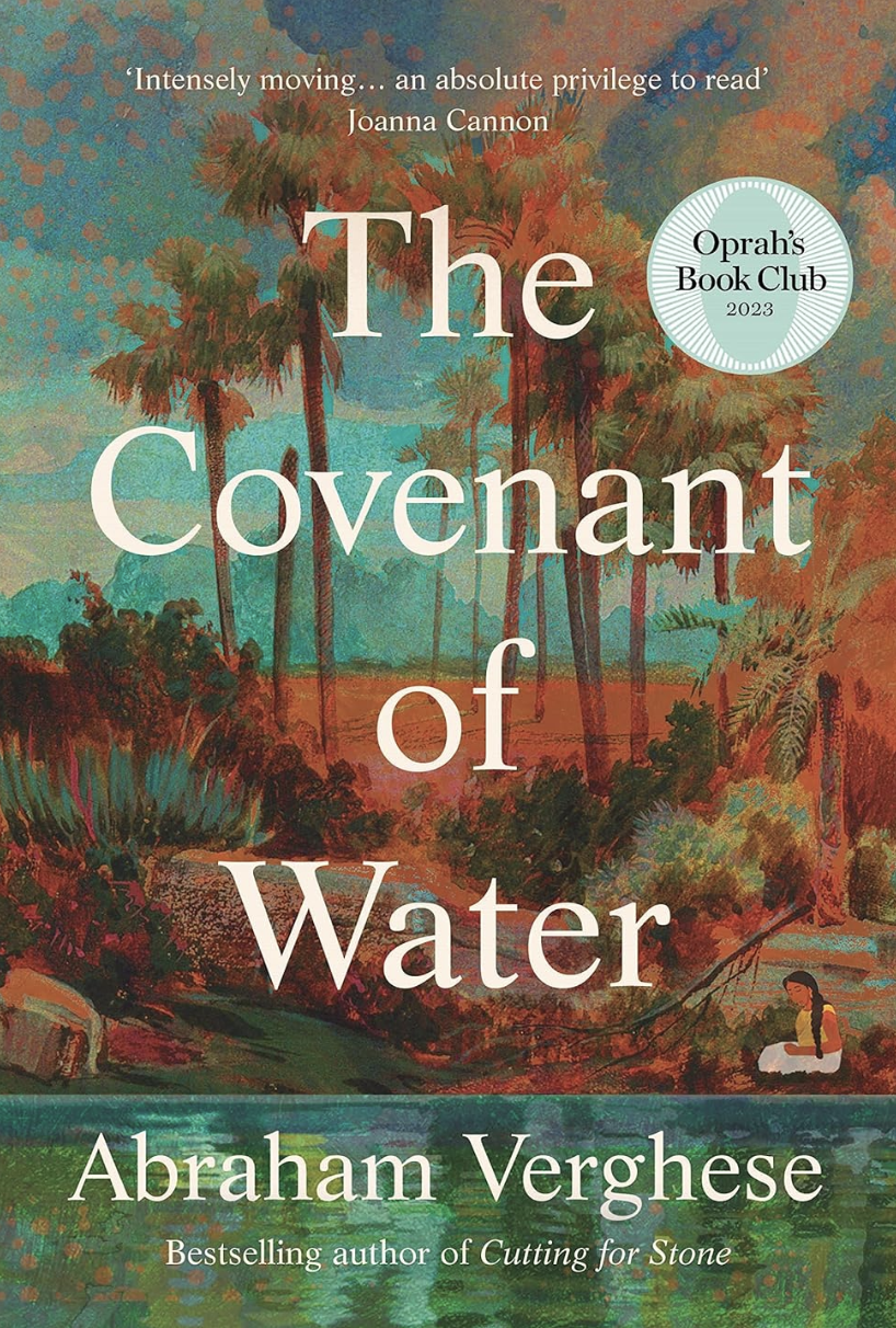 A book cover featuring tropical trees spread out over a horizon.