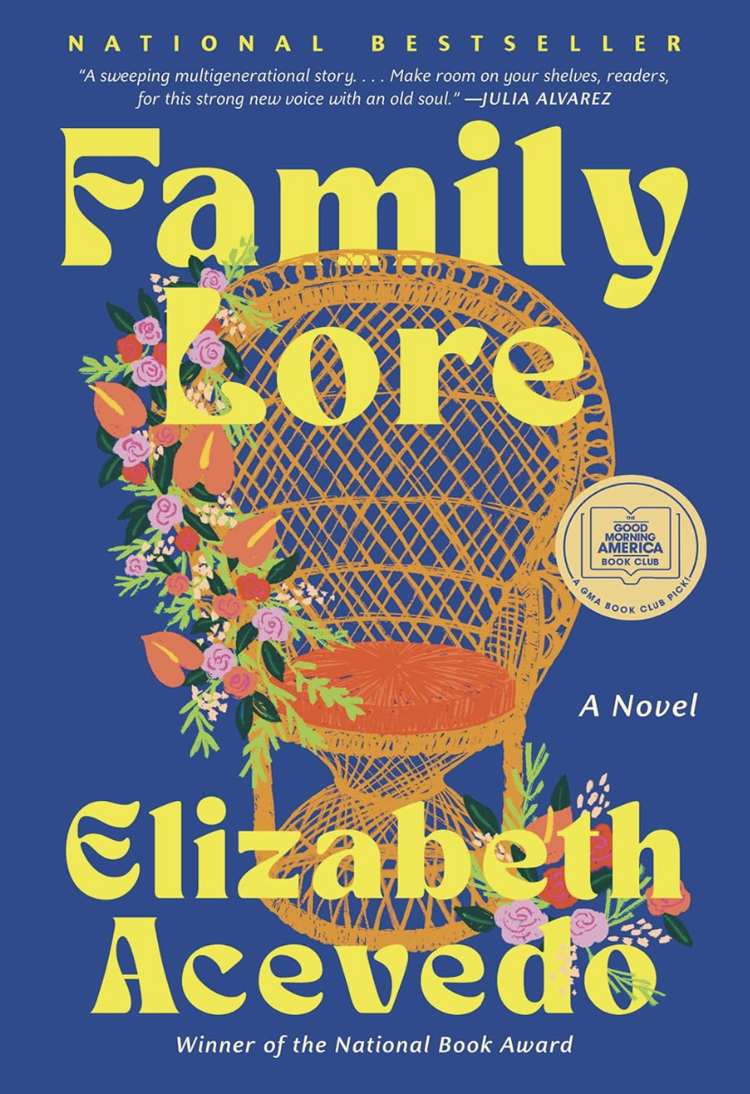 A book cover featuring an elaborate wicker garden chair draped with flowers on one side.