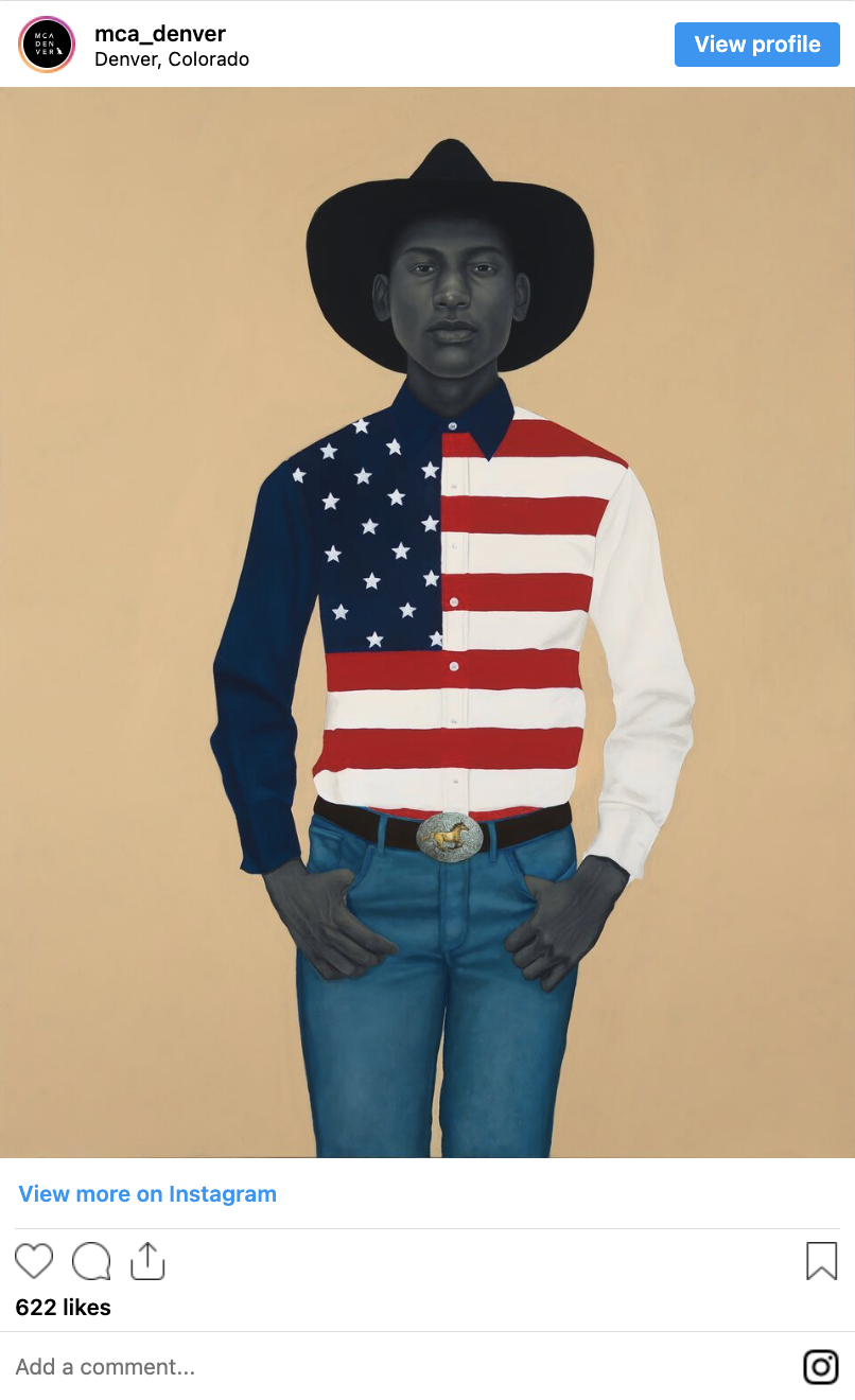 A painting of a Black cowboy wearing blue jeans, an American flag shirt and a black hat.